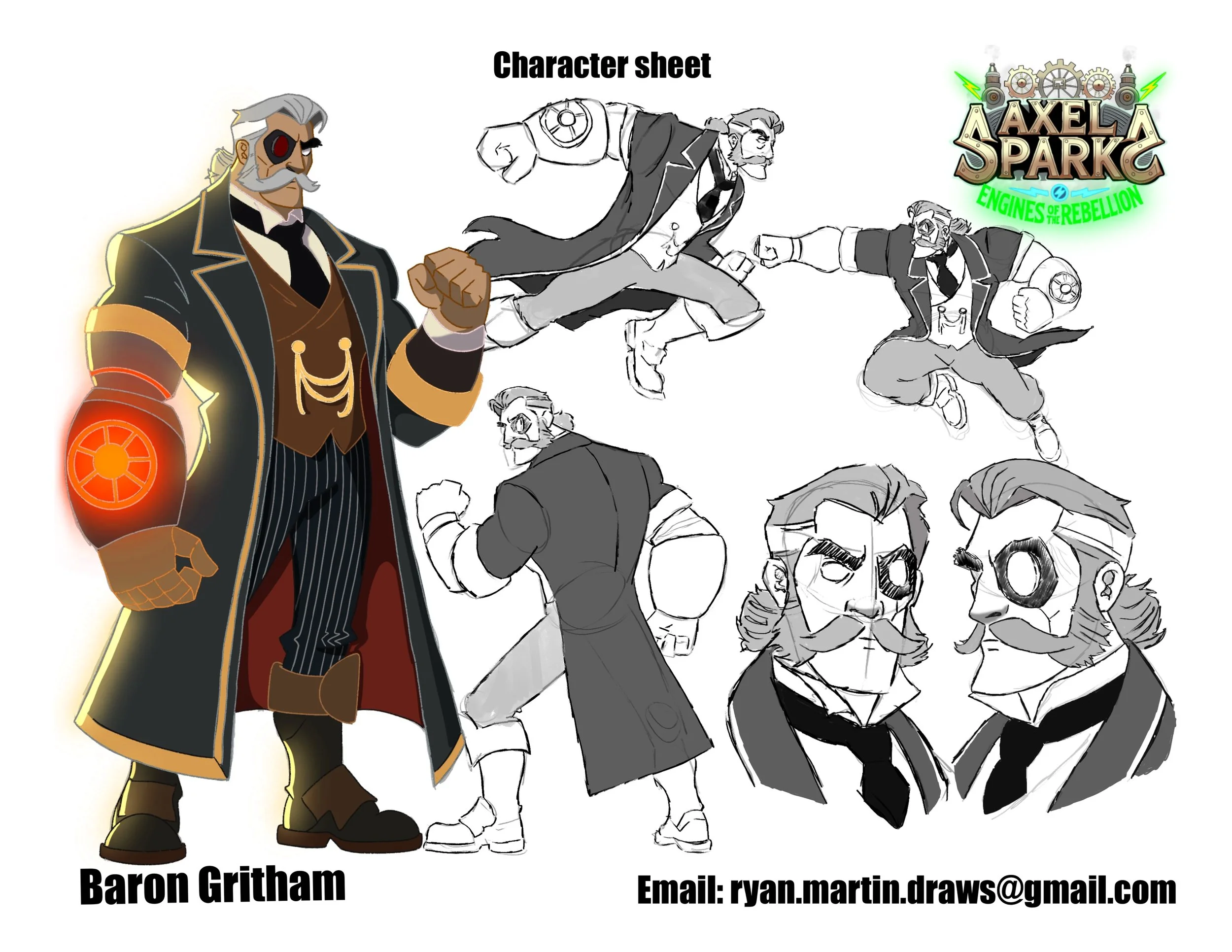 Character sheet and concept art of Baron Gritham from Axel Spark: Engines of Rebellion, showing full color and various sketches of the character with different poses and expressions.