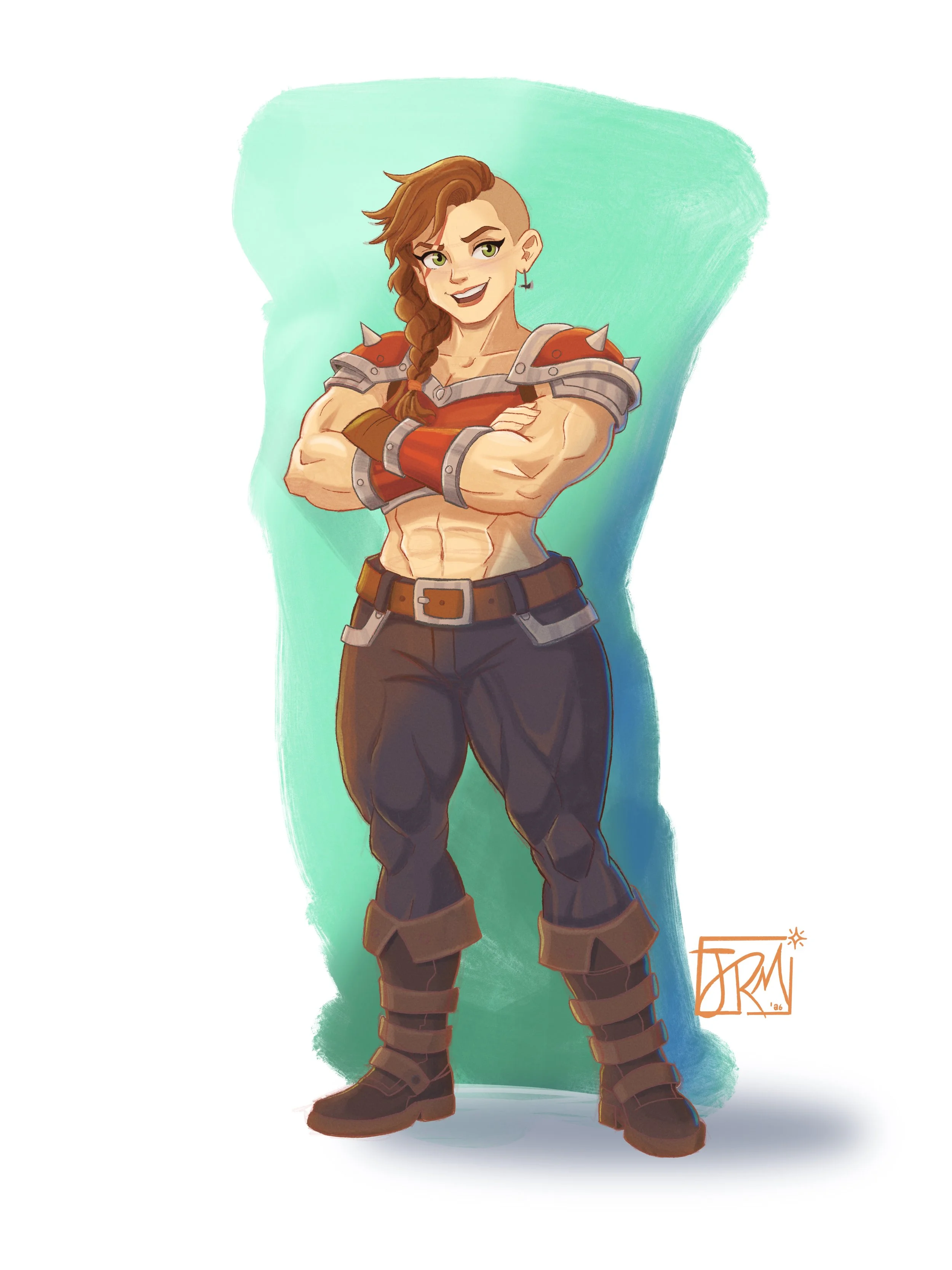 Digital illustration of a confident woman with a muscular build, wearing armor on her shoulders and arms, with short asymmetrical hairstyle, a brown braid, and a mischievous expression.