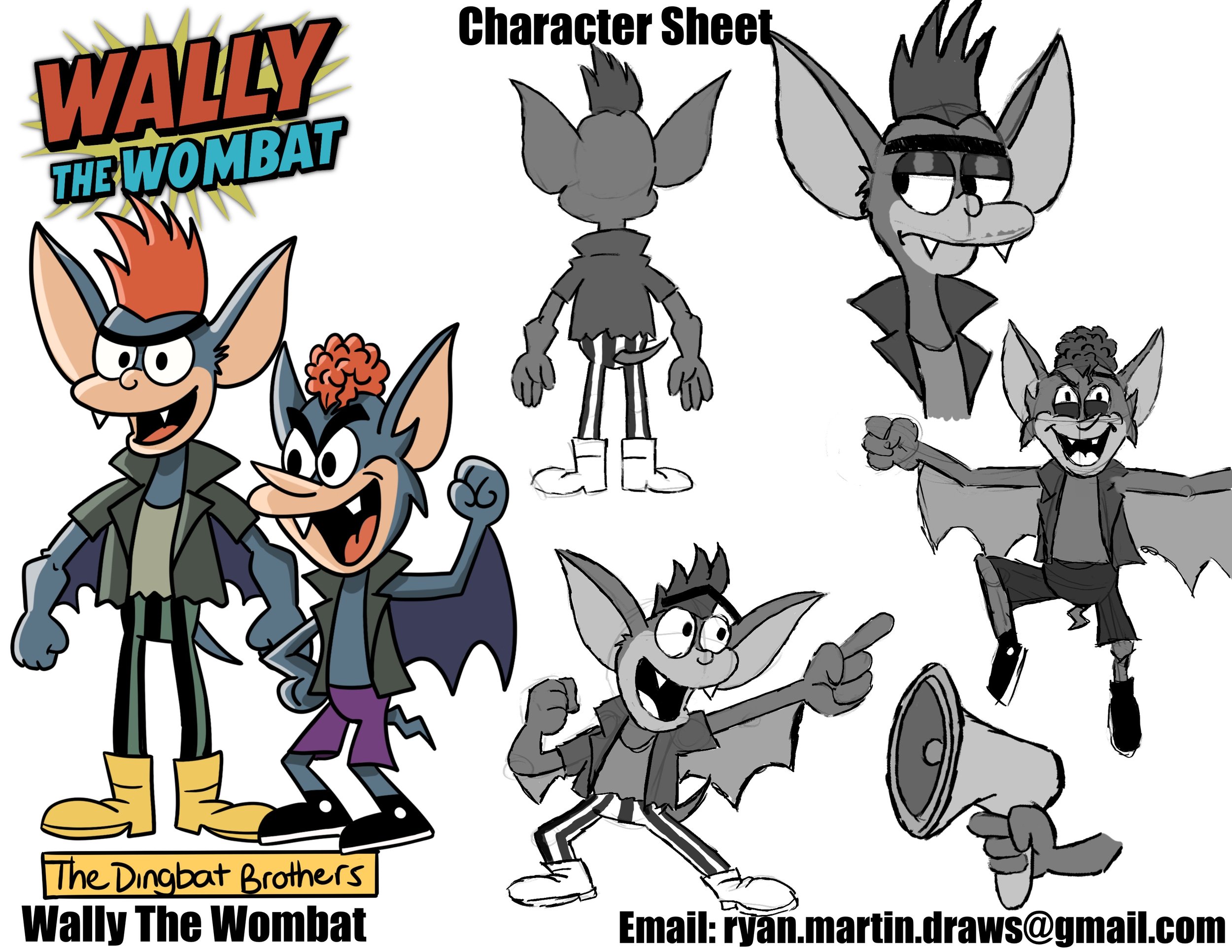 Character sheet of Wally the Wombat from The Dingbat Brothers. The sheet features a colorful version of Wally and a black-and-white concept art with multiple poses: front, back, action pose, and a flying pose, along with a megaphone prop.
