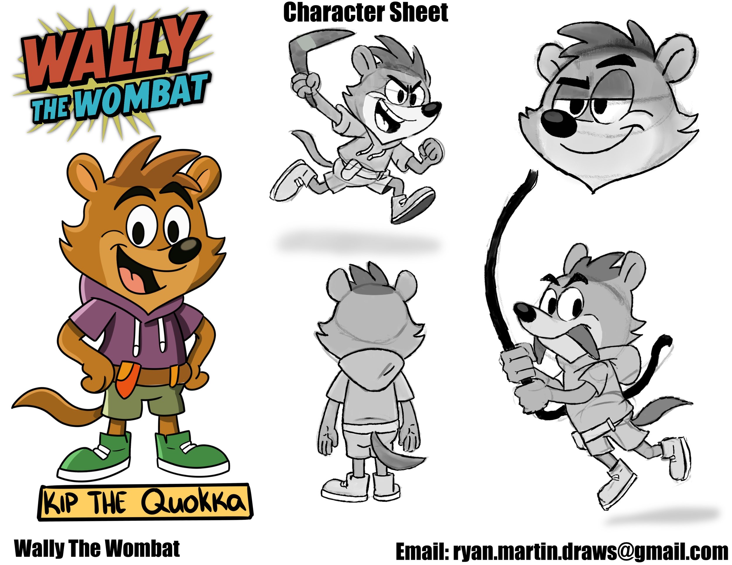 A character sheet for Wally the Wombat, a cartoon animal with multiple illustrations. The colored illustration shows Wally as a cheerful anthropomorphic wombat wearing a purple hoodie, khaki shorts, and green sneakers. The black-and-white sketches depict Wally with different expressions and poses: one running with a tool in hand, one seen from behind, one holding a stick, and a close-up of his head with a sly expression. The title 'Wally the Wombat' appears with a colorful logo, and the artist's contact email is provided.
