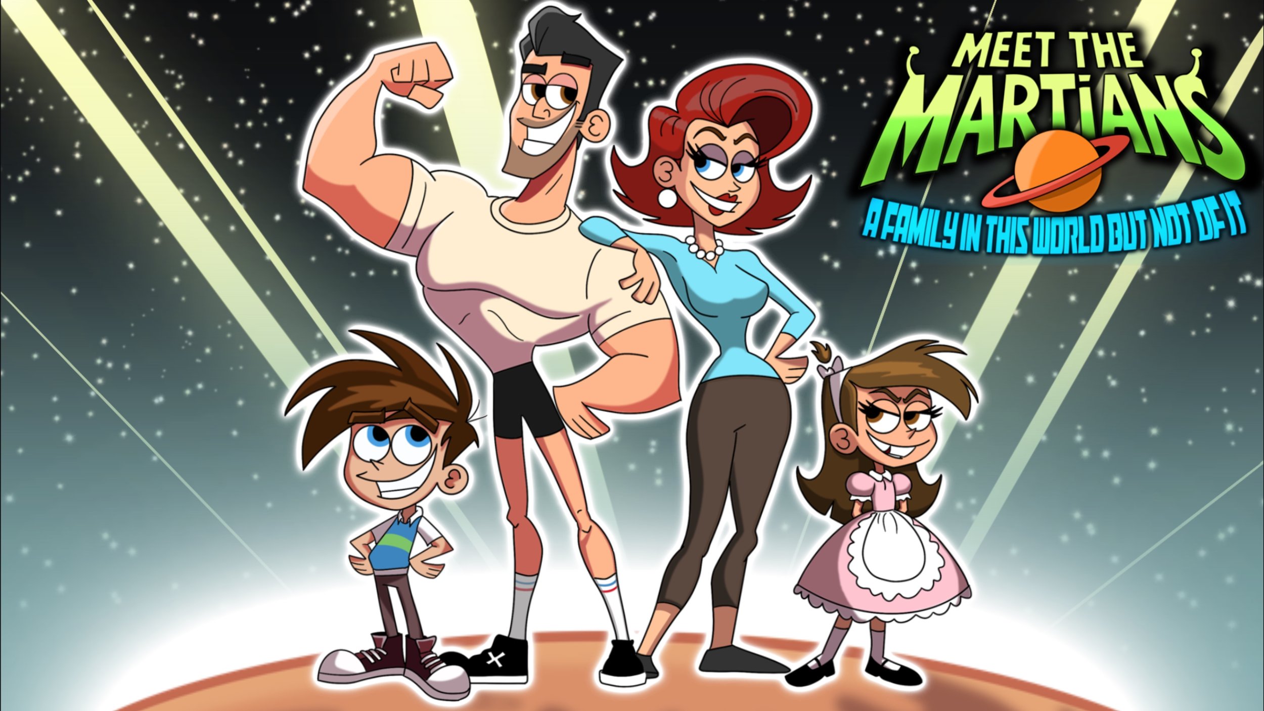 Animated poster featuring a family of five characters in a cartoon style, with a space background and bright lights. The characters include a muscular man flexing his arm, a woman with red hair and blue top, two children with brown hair, and a girl in a pink dress. The poster has the title 'Meet the Martians' with a subtitle 'A Family in This World But Not of It' and a planet with rings logo.
