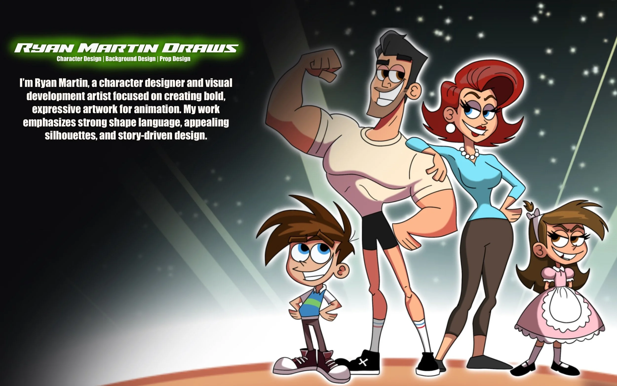 Colorful animated characters from the show, including a muscular man flexing, a red-haired woman confidently standing, a young boy with brown hair smiling, and a girl in a pink dress with a bonnet, with a starry background.