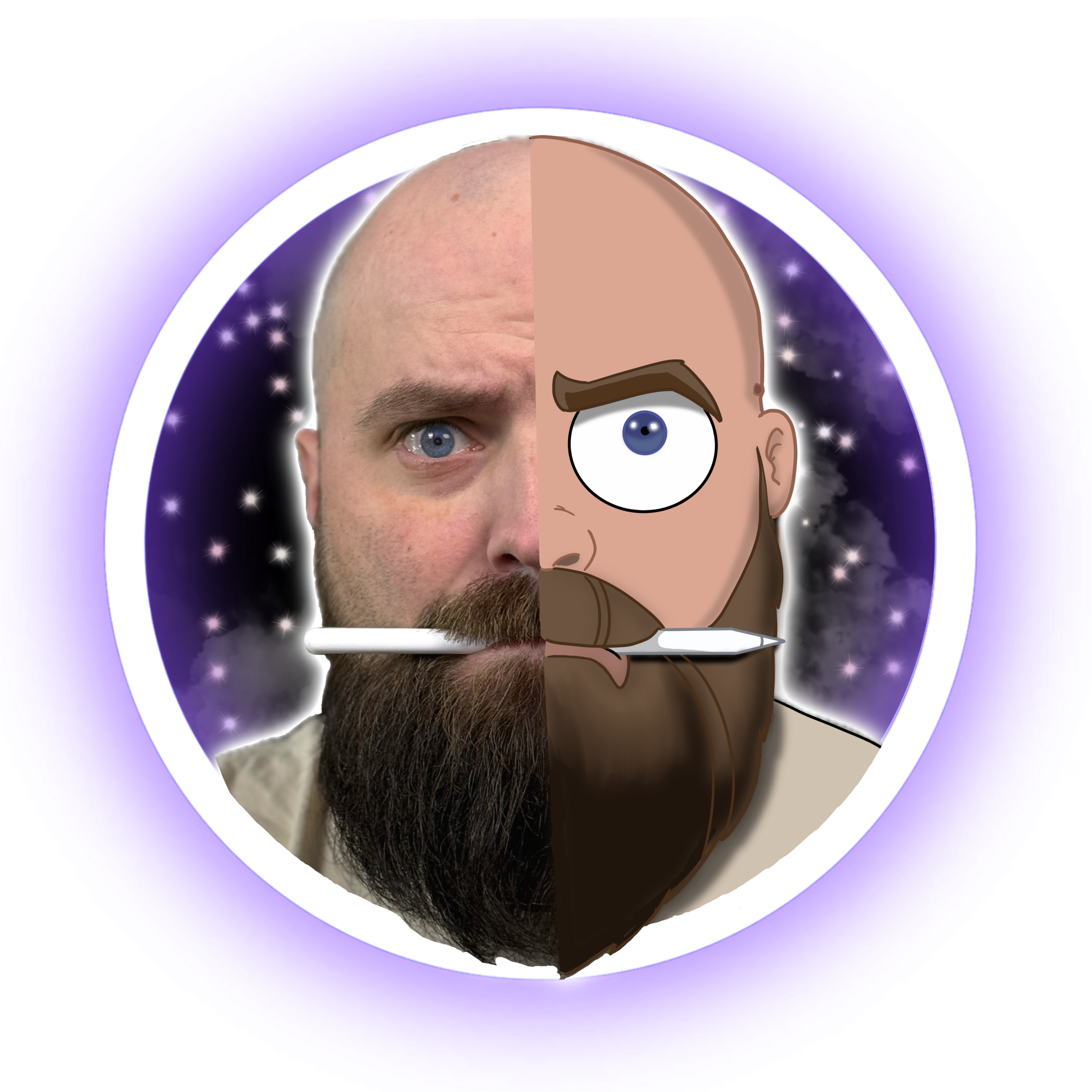 A circular split image with a realistic photo of a man's face on the left side and a cartoon drawing of the same man's face on the right side, both holding a pen in their mouths against a purple cosmic background.