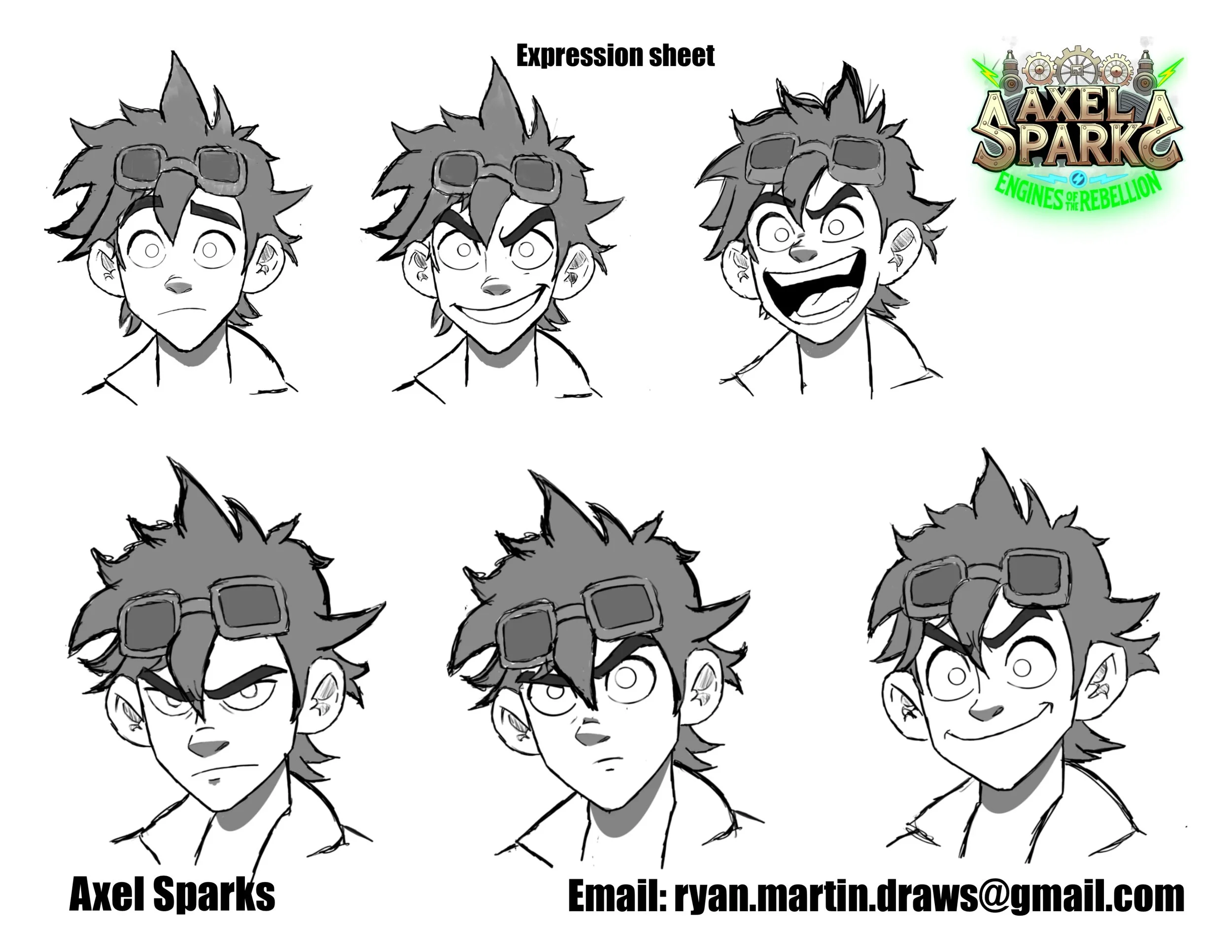 Character expression sheet of a boy with spiky hair and goggles, showing six different facial expressions and emotions, with Axel Sparks and email contact information in the corners, and a colorful logo for "Axel Sparks: Engines of Rebellion" in the upper right corner.