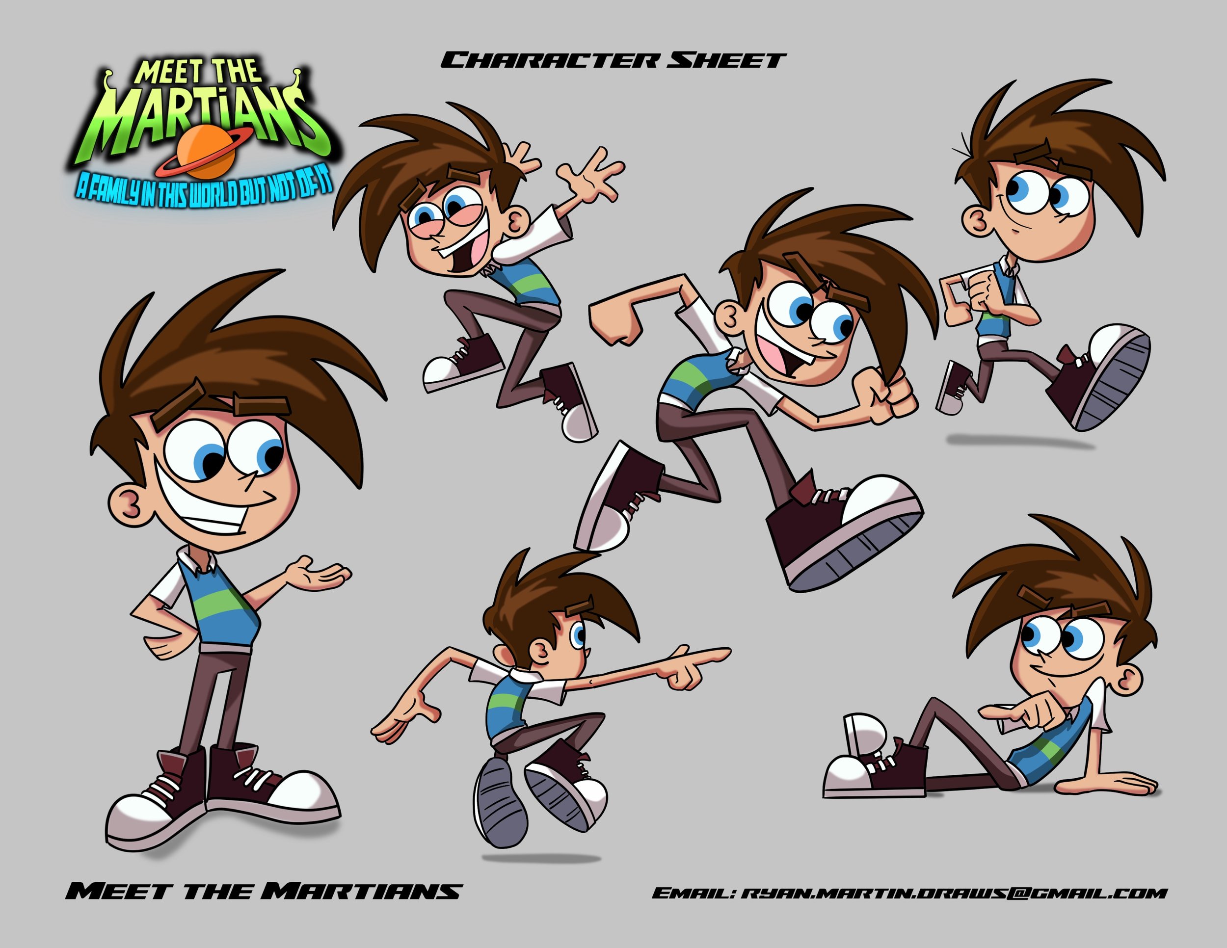 Character sheet of animated boy with spiky brown hair, wearing a white and blue striped t-shirt, dark pants, and sneakers, in various poses for a cartoon series titled 'Meet the Martians'.