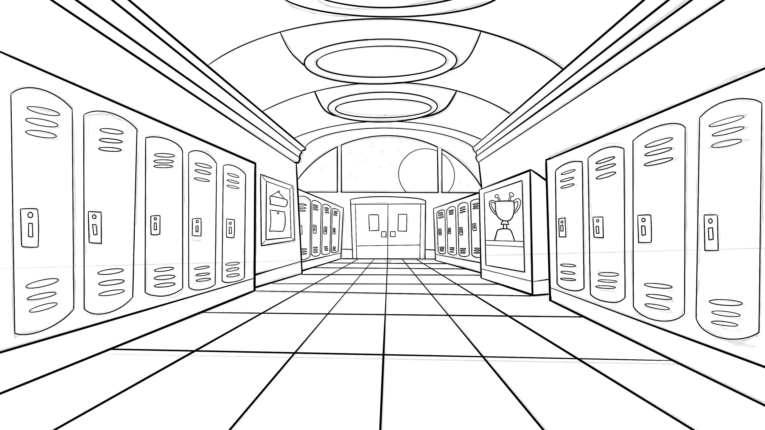 Line drawing of a school hallway with lockers on both sides, framed pictures on the wall, and a window showing a moonlit night sky.