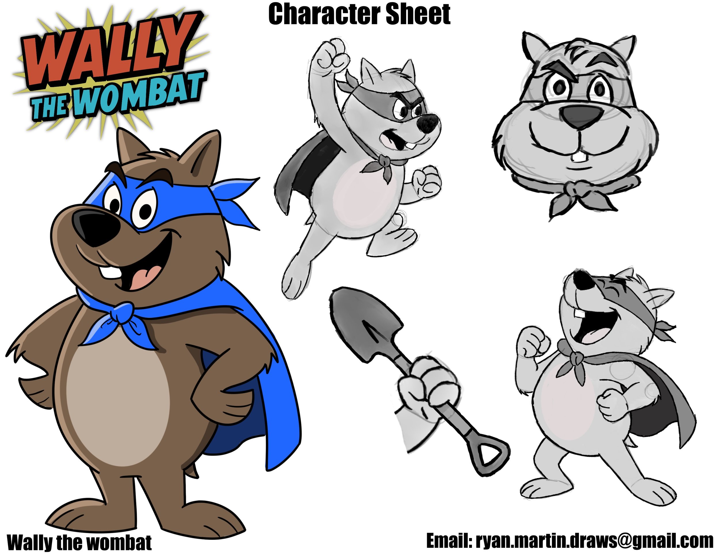 Character sheet of Wally the Wombat, a cartoon wombat dressed as a superhero with a blue mask, cape, and scarf. The sheet includes colored and black-and-white sketches of Wally in various poses, holding a shovel, smirking, and flexing. The title "Wally the Wombat" is in colorful text, and an email address is at the bottom.