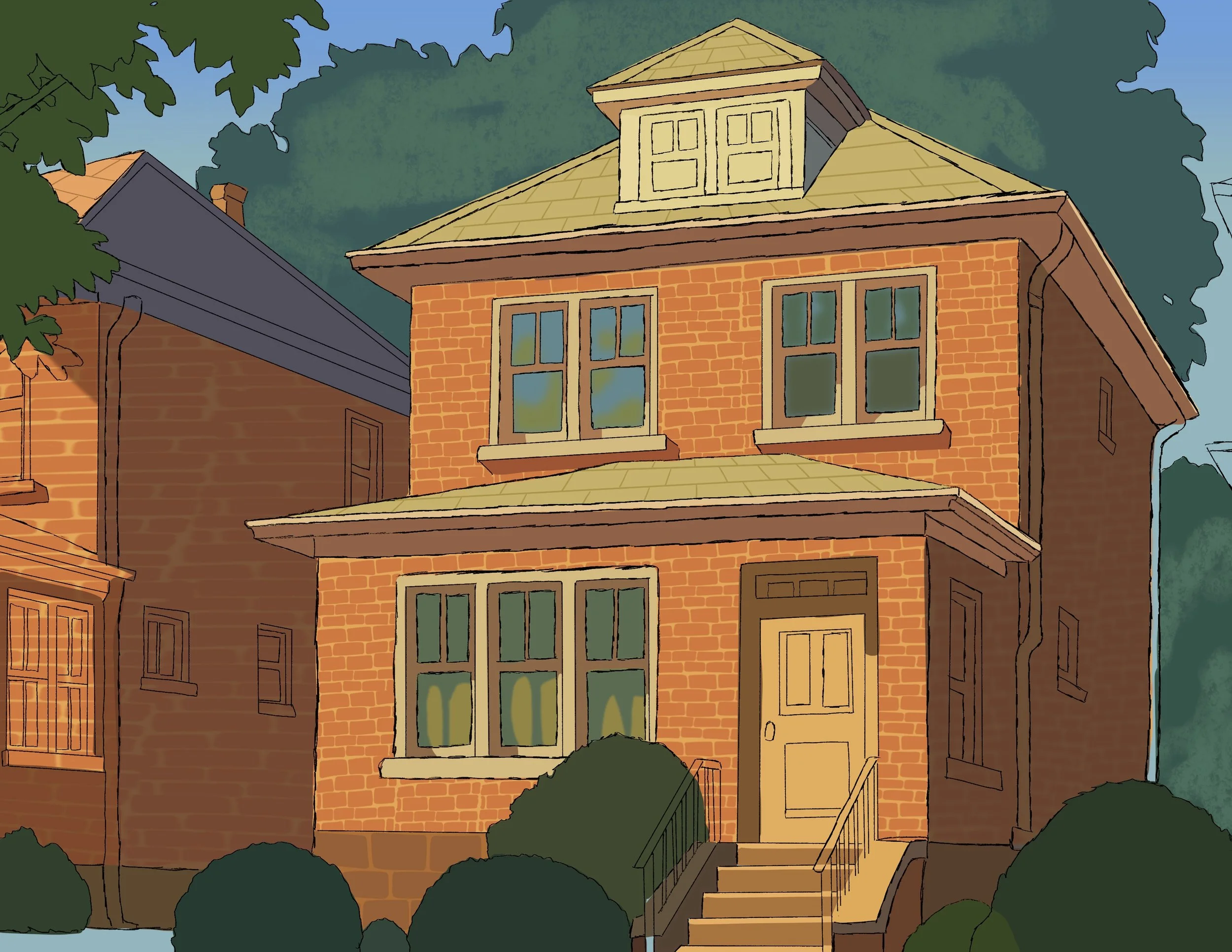Illustration of a two-story brick house with a gabled roof, multiple windows, and a front porch with stairs, surrounded by shrubs and trees.