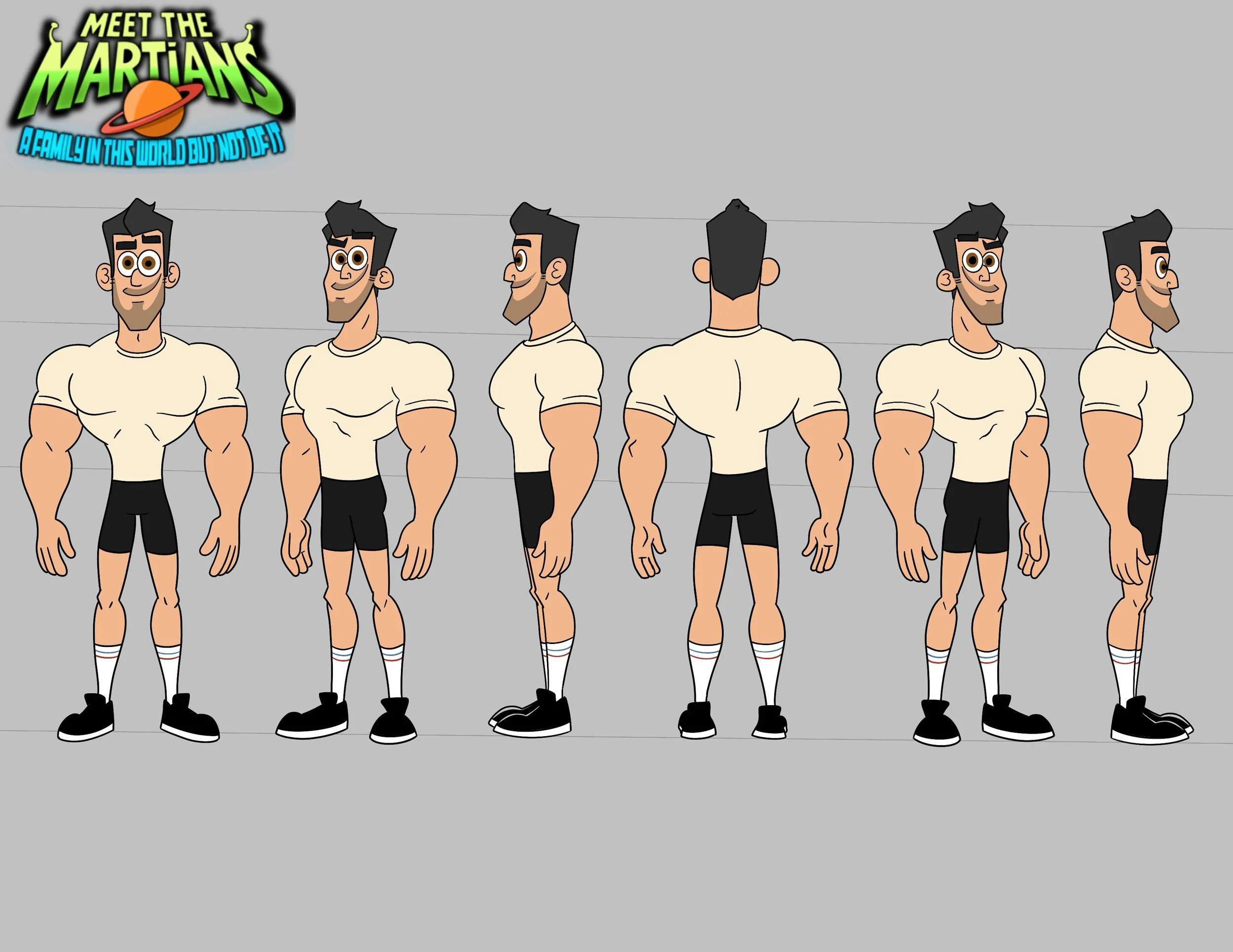 Cartoon illustration of a muscular man with dark hair and beard in a workout pose, viewed from multiple angles, wearing a white t-shirt, black shorts, striped socks, and black sneakers, standing against a grey background.
