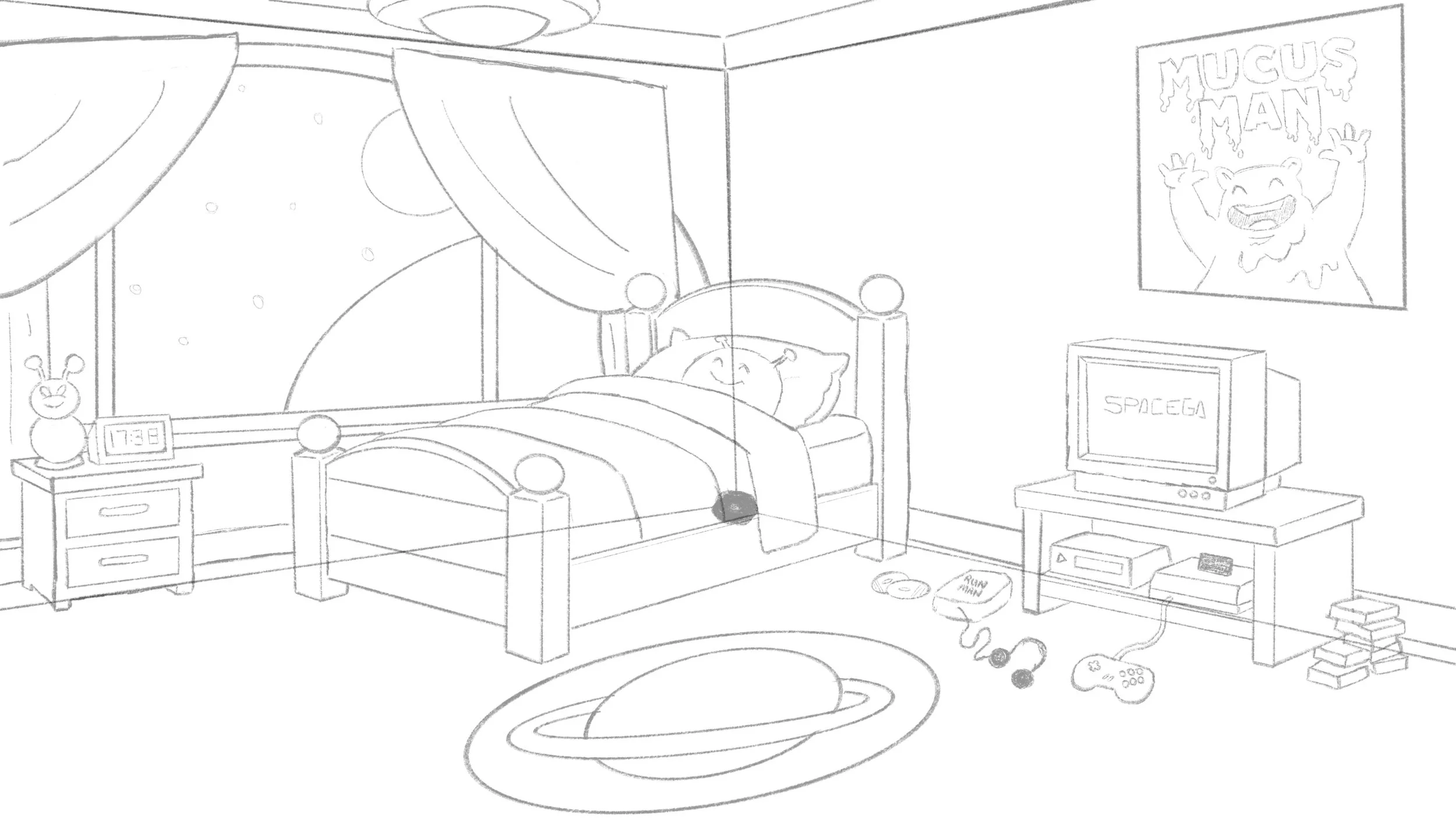 A child's bedroom with a bed featuring a pillow and blanket, nightstand with a bunny-shaped lamp and clock, curtains and window showing outer space, poster of a cartoon monster on wall, and a TV on a stand with video game consoles, controllers, and stacks of games on the floor.