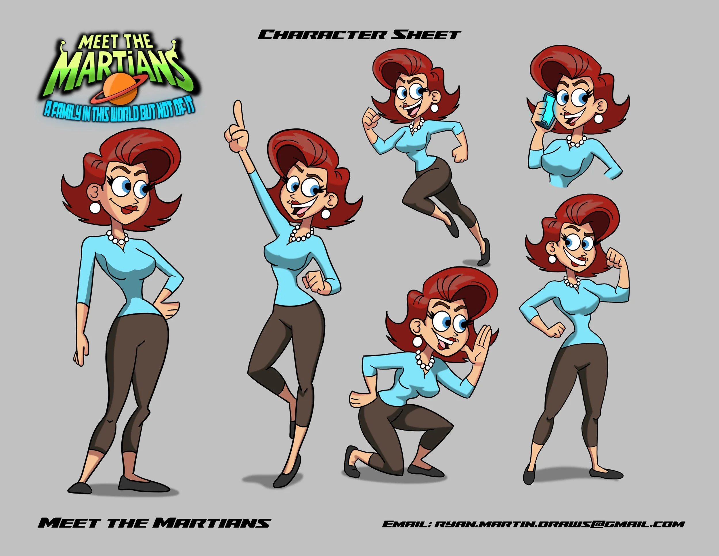 Cartoon character sheet of a red-haired woman in various poses, wearing a blue top and brown pants, labeled 'Meet the Martians' and with the tagline 'A family in this world but not of it'.