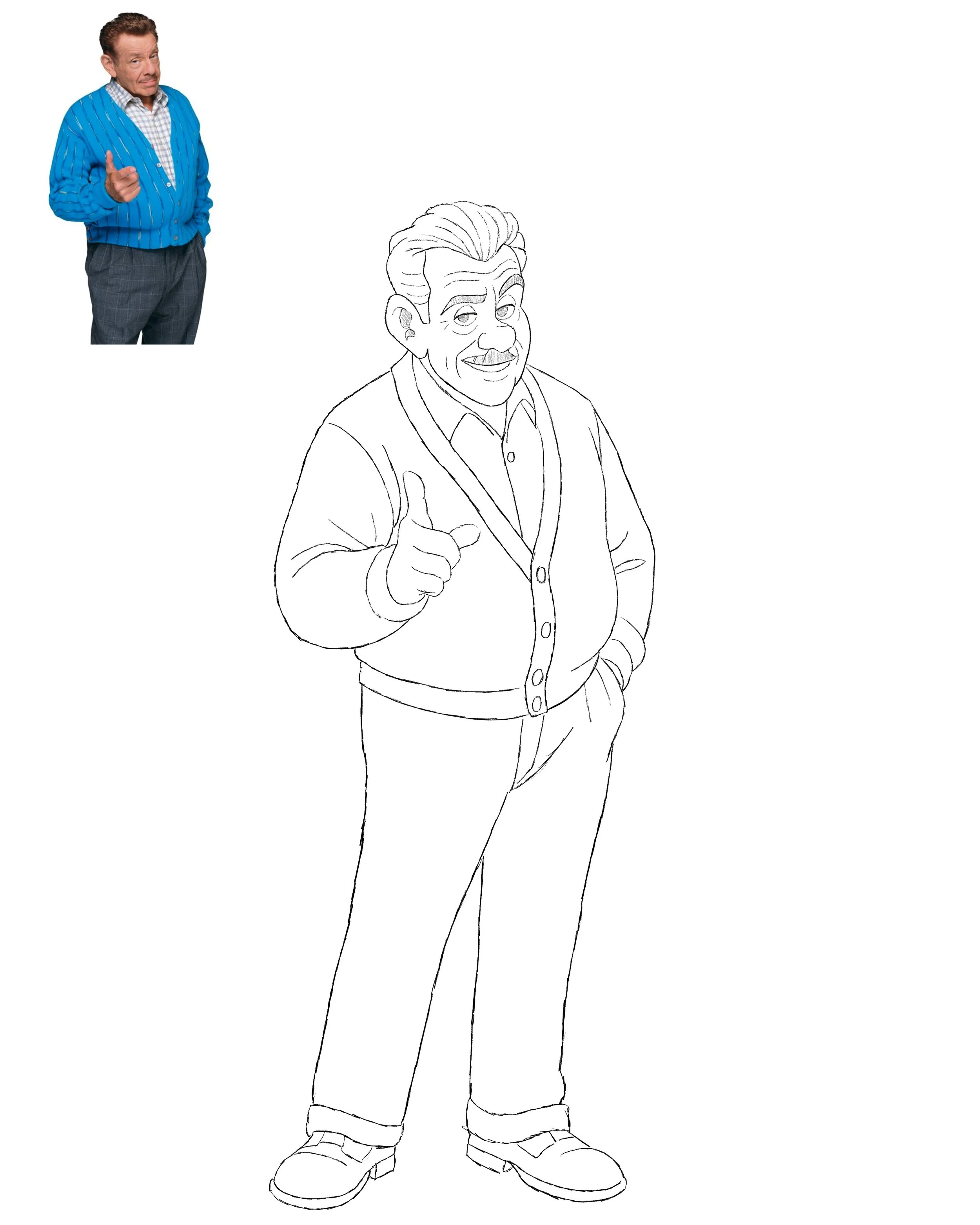 Black and white line drawing of a man with styled hair, wearing a cardigan over a shirt and pants, pointing forward, with a confident expression.
