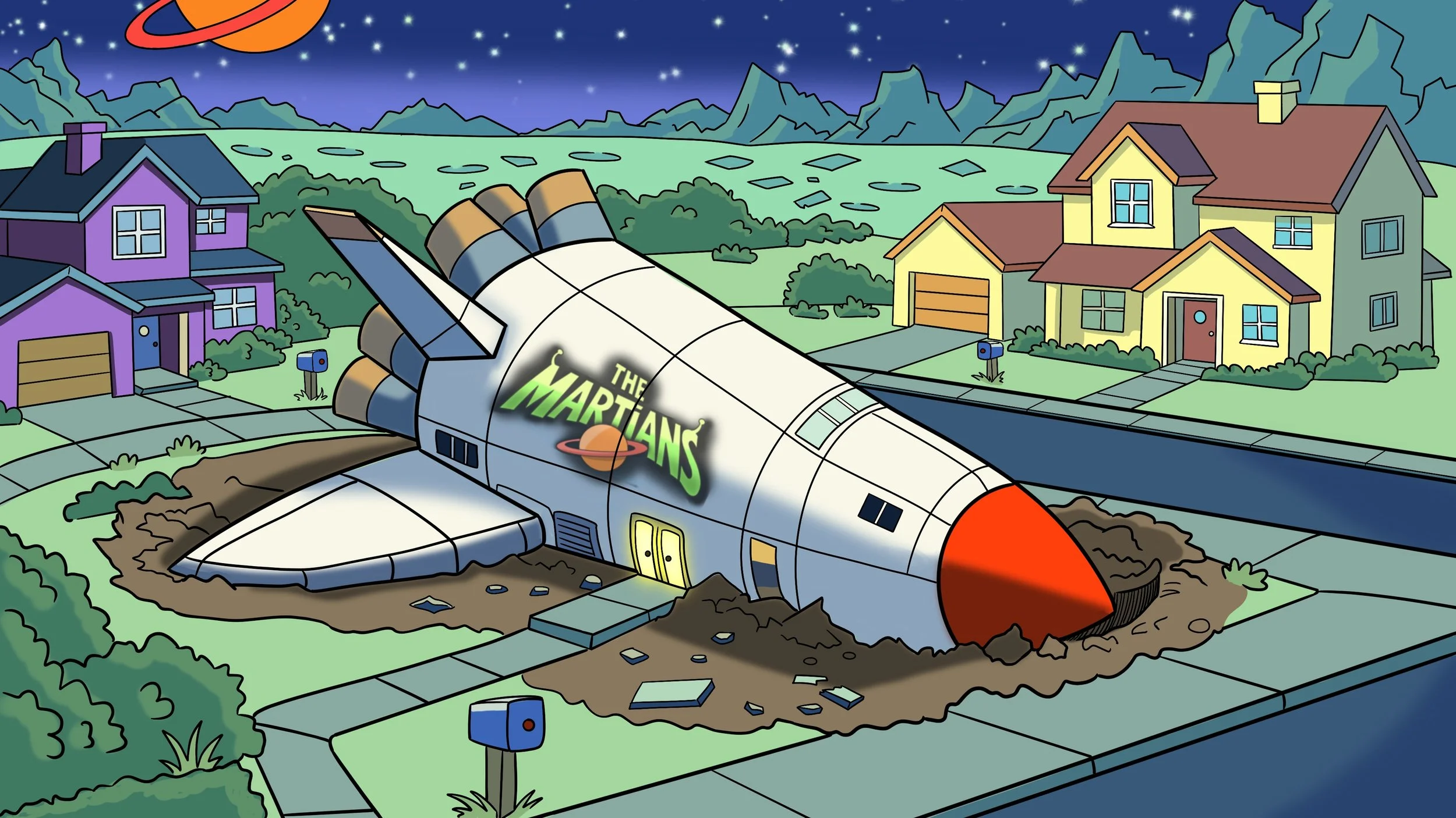A cartoon illustration of a crashed spaceship labeled 'The Martians' in a suburban neighborhood at night with single-family houses, a street, and mountainous landscape in the background.