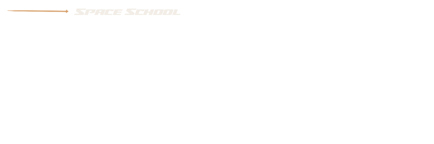 A black map of the United States with white dotted lines connecting to various cities and space-themed icons, with the title "Space School" and a rocket graphic in the top left corner.