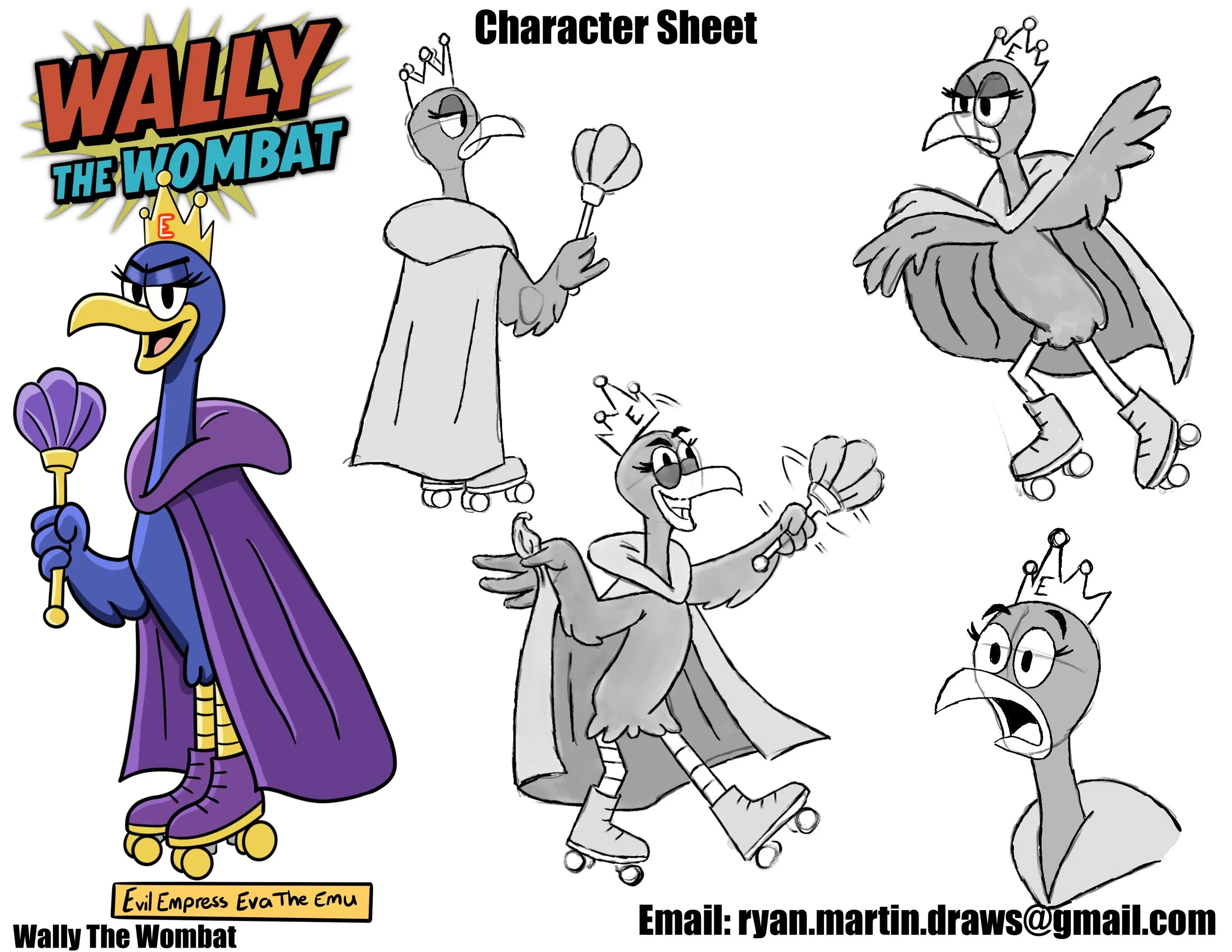 Colorful character sheet for Wally the Wombat, also known as Evil Empress Eva the Emu. The sheet includes a colored version of Wally, who is a blue wombat wearing a purple cape, crown, and roller skates, holding a scepter. It also features five black-and-white sketches of Wally in various dynamic poses, including roller skating and holding a scepter, with some wearing a crown and cape.