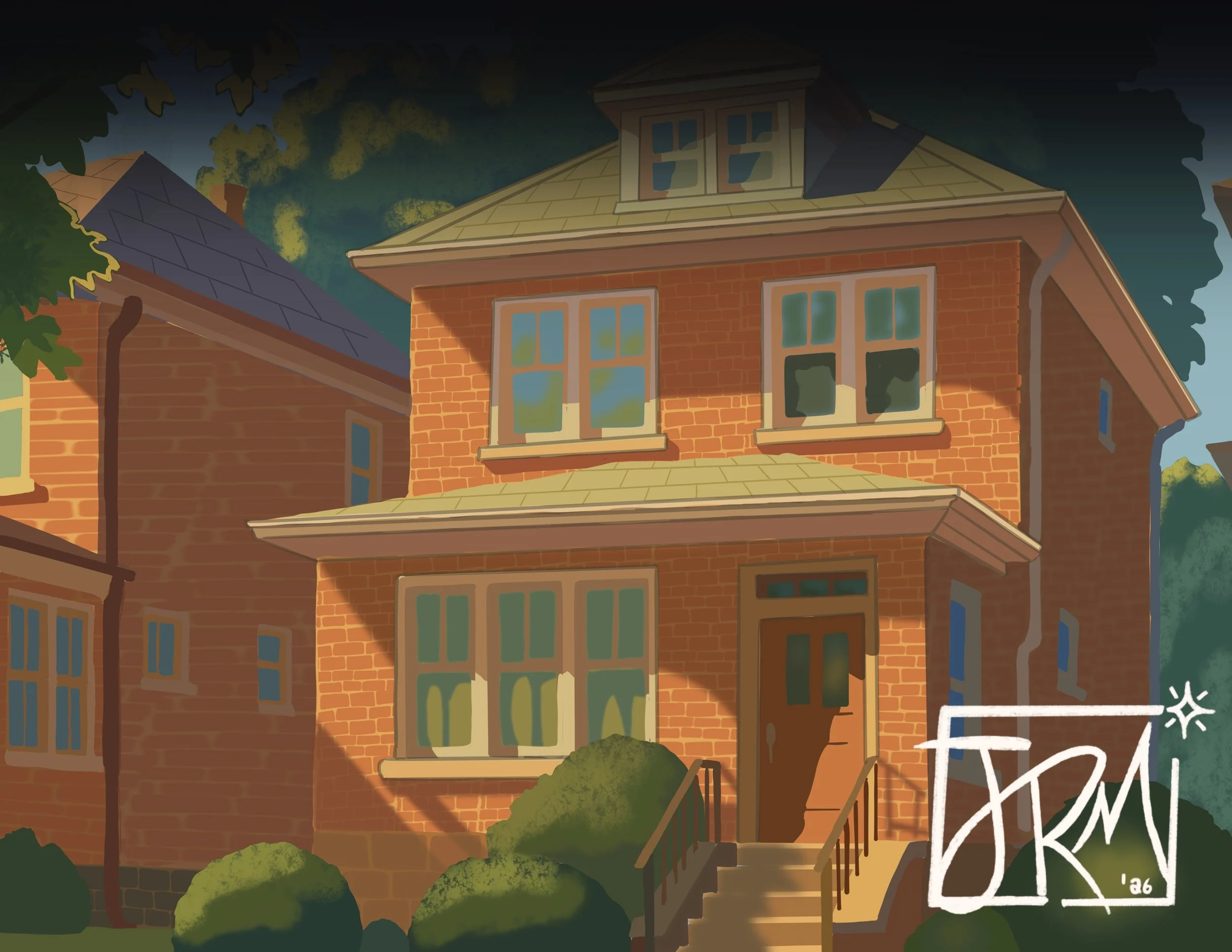 Illustration of a large brick house with multiple windows and a small front porch, surrounded by greenery and trees with darker foliage in the background.