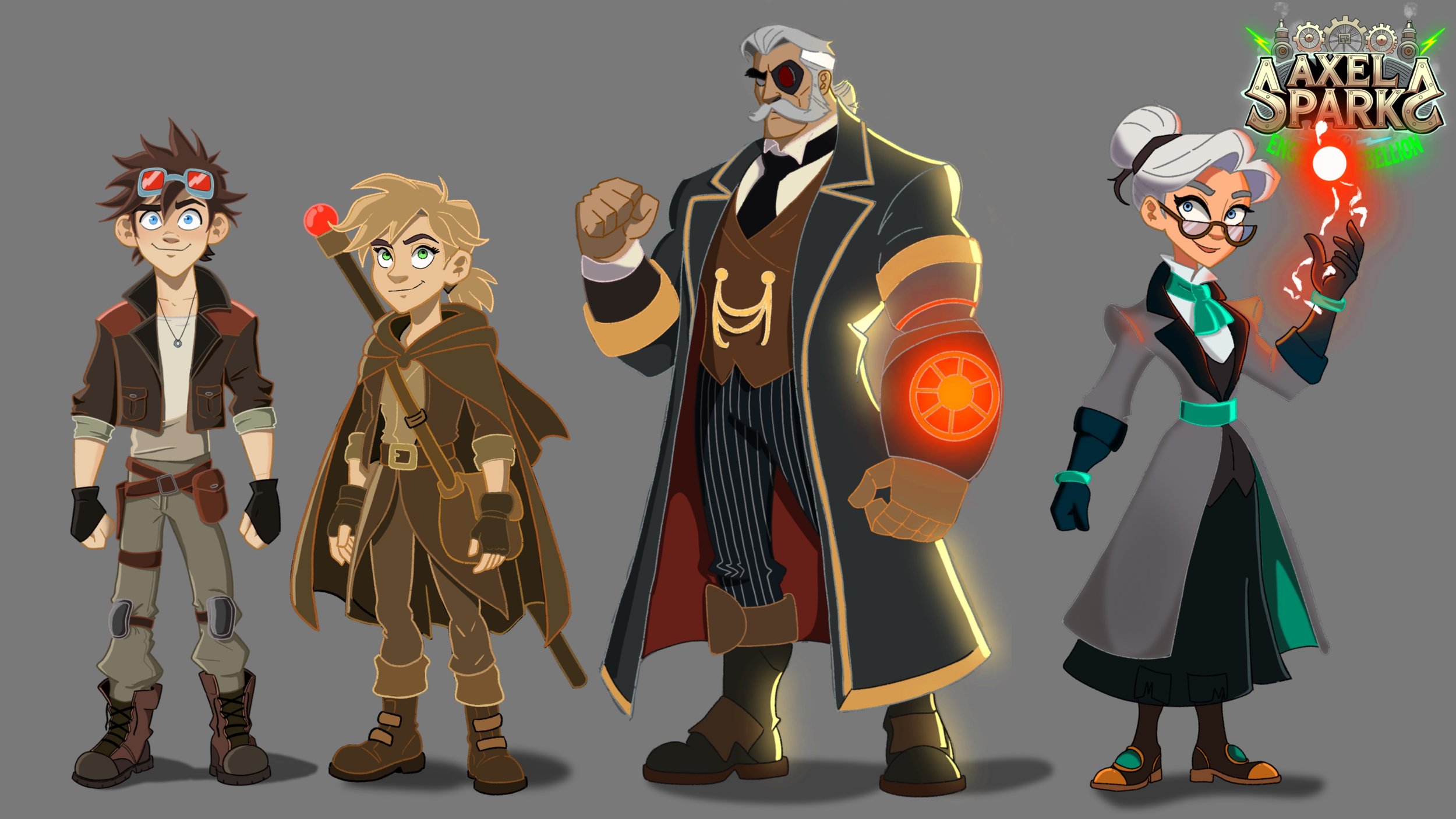 Animated characters standing in a row, dressed in fantasy and steampunk-inspired attire, some with glowing mechanical arms and one with a glowing red eye patch, against a gray background.