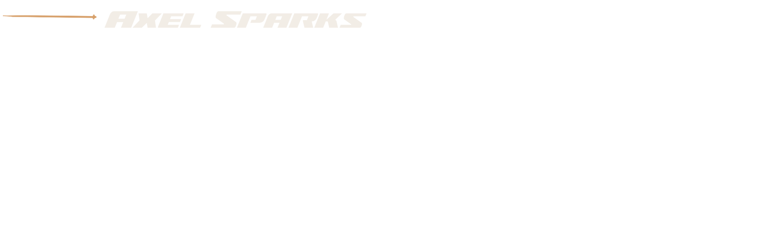 Black box with white and orange text that reads "Axel Sparks" and an orange arrow on the left side.