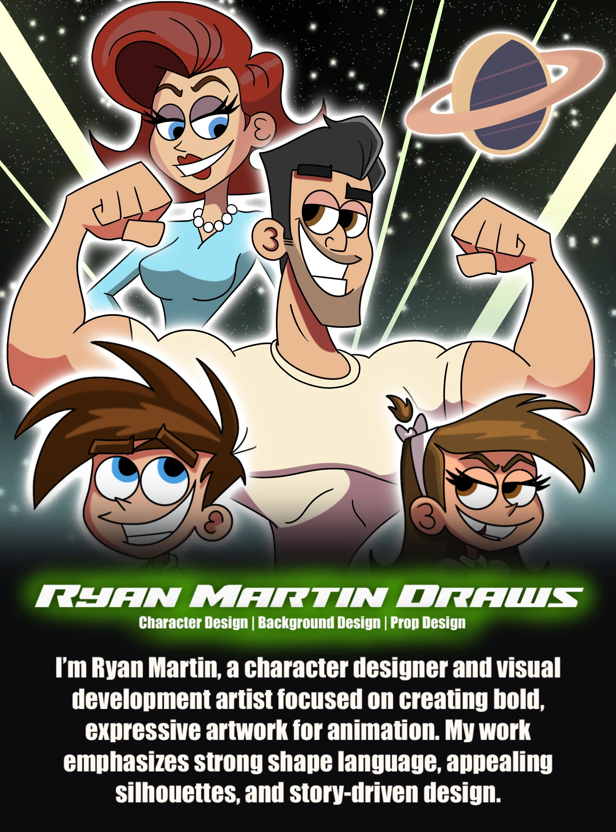 A colorful animated poster featuring five characters with a space-themed background, including planets and stars. The characters include a muscular man with dark hair, a woman with red hair, and three children with brown hair, all displaying confident and playful expressions. The poster promotes Ryan Martin's character design, background design, and prop design for animation.