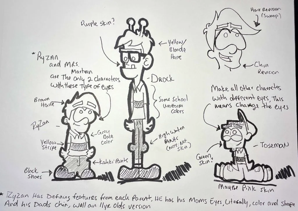 A hand-drawn sketch of three cartoon characters with notes on their features. The middle character has purple skin, yellow blonde hair, a droop, glasses, a high water pant, purple antennae, and is labeled as Drock. The left character has brown hair, a grey base color, a yellow stripe, and black shoes, labeled Zyzan. The right character has green skin, a baseball cap, and is seated on the ground with notes indicating their features and attire, labeled possibly as Toseman. The notes mention differences in eye design, school uniform colors, and skin tones among the characters.
