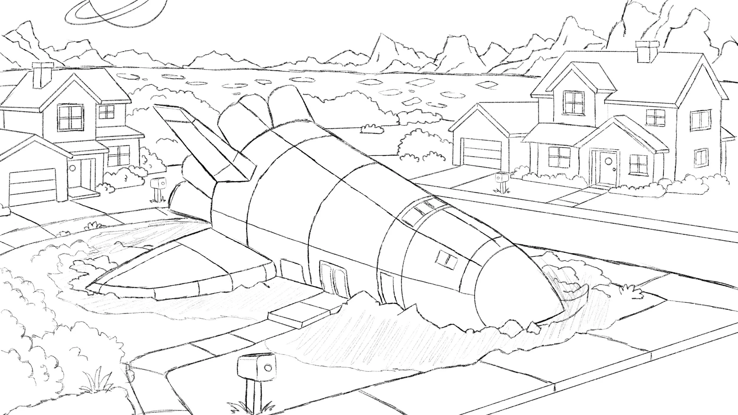 Line drawing of a house with a UFO parked in the front yard, surrounded by neighboring houses, mountains, trees, and a body of water in the background.