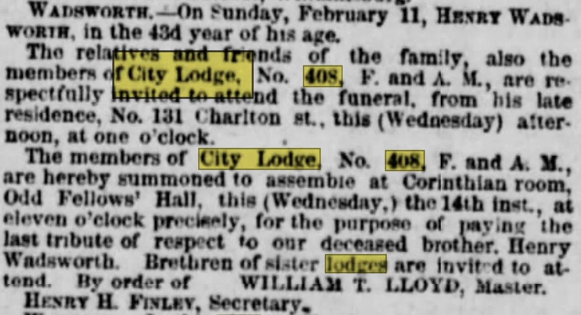 19th-century newspaper notice announcing a Masonic funeral gathering