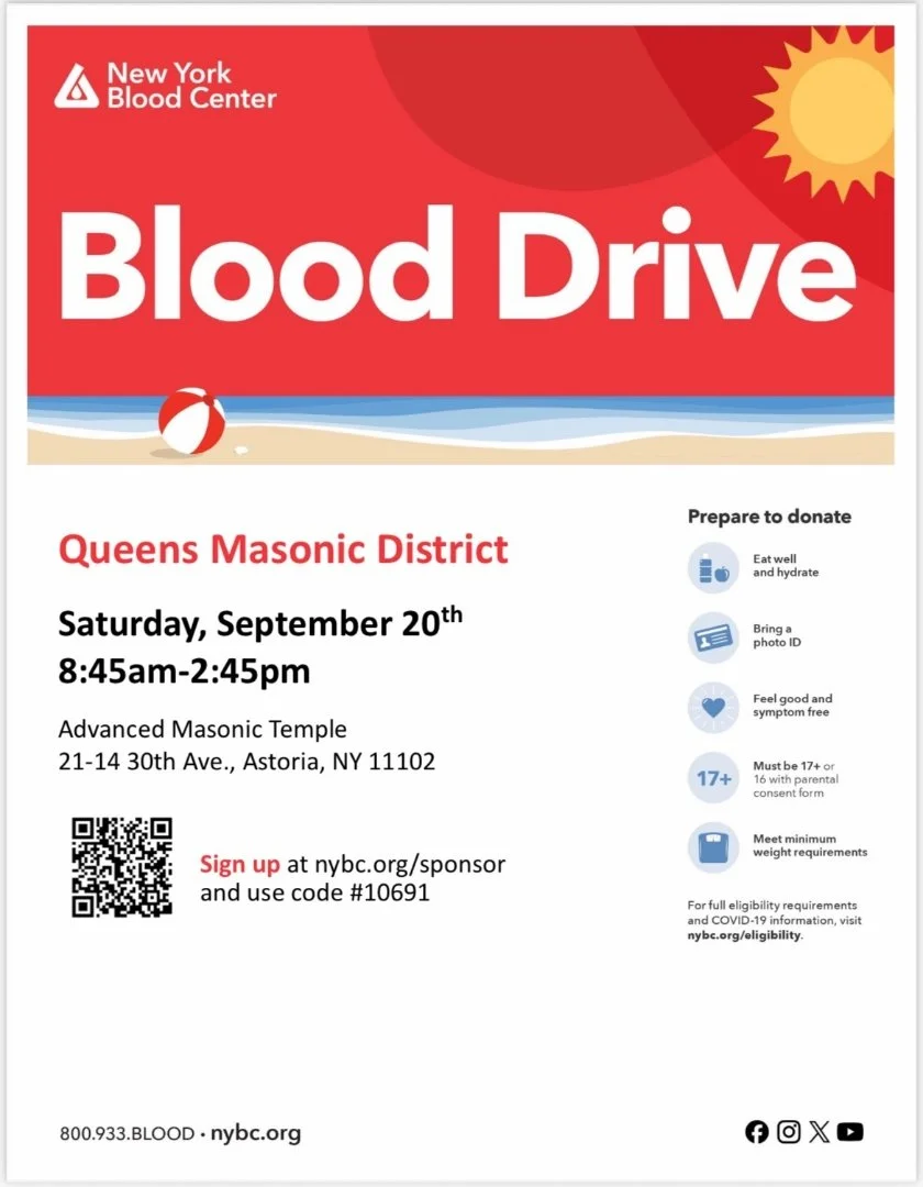 Queens Masonic Blood Drive, Sat Sept 20th