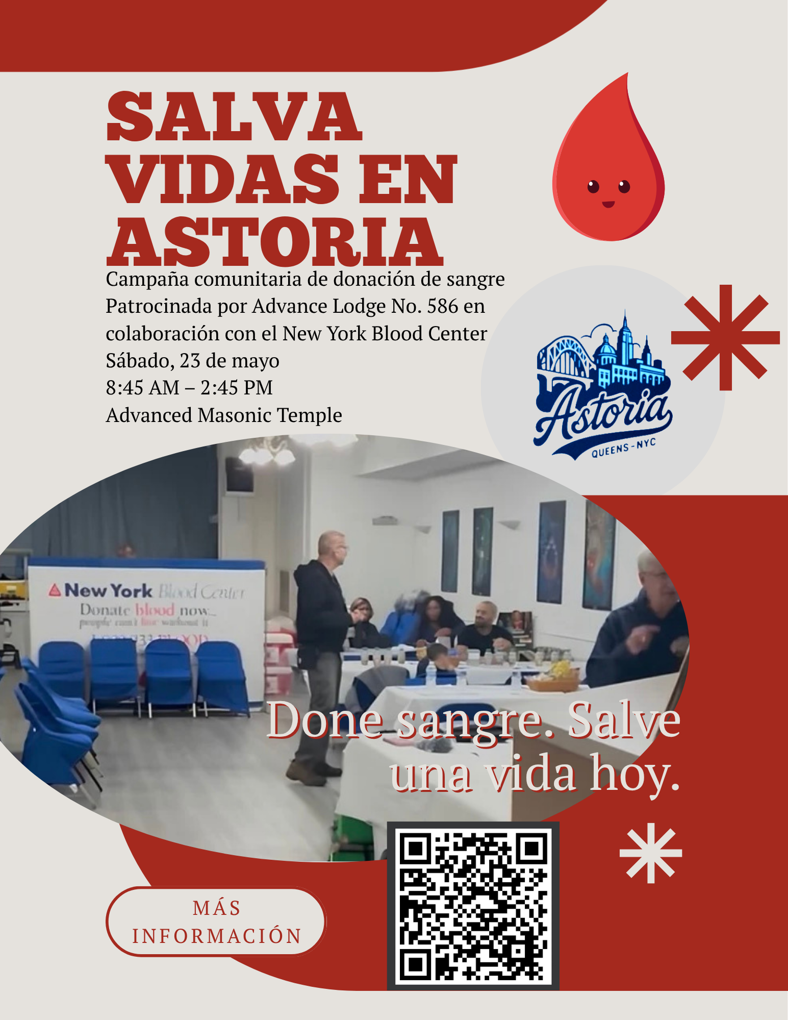 Campaña de donación de sangre en Astoria: done sangre en Queens el sábado 23 de mayo de 2026.
