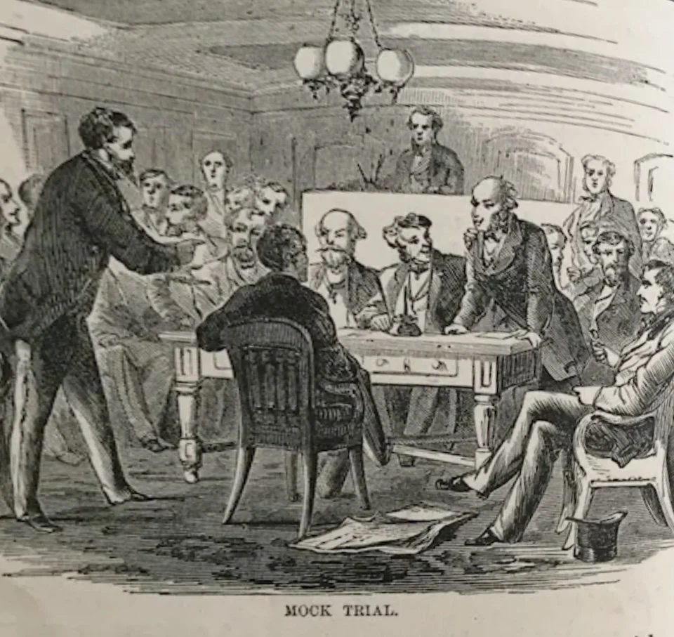 Image from Innocents abroad depicting when Brother Abram Dittenhoefer was a judge for thr mock trial of Brother Samuel Clemens on  steamship headiing to Europe.