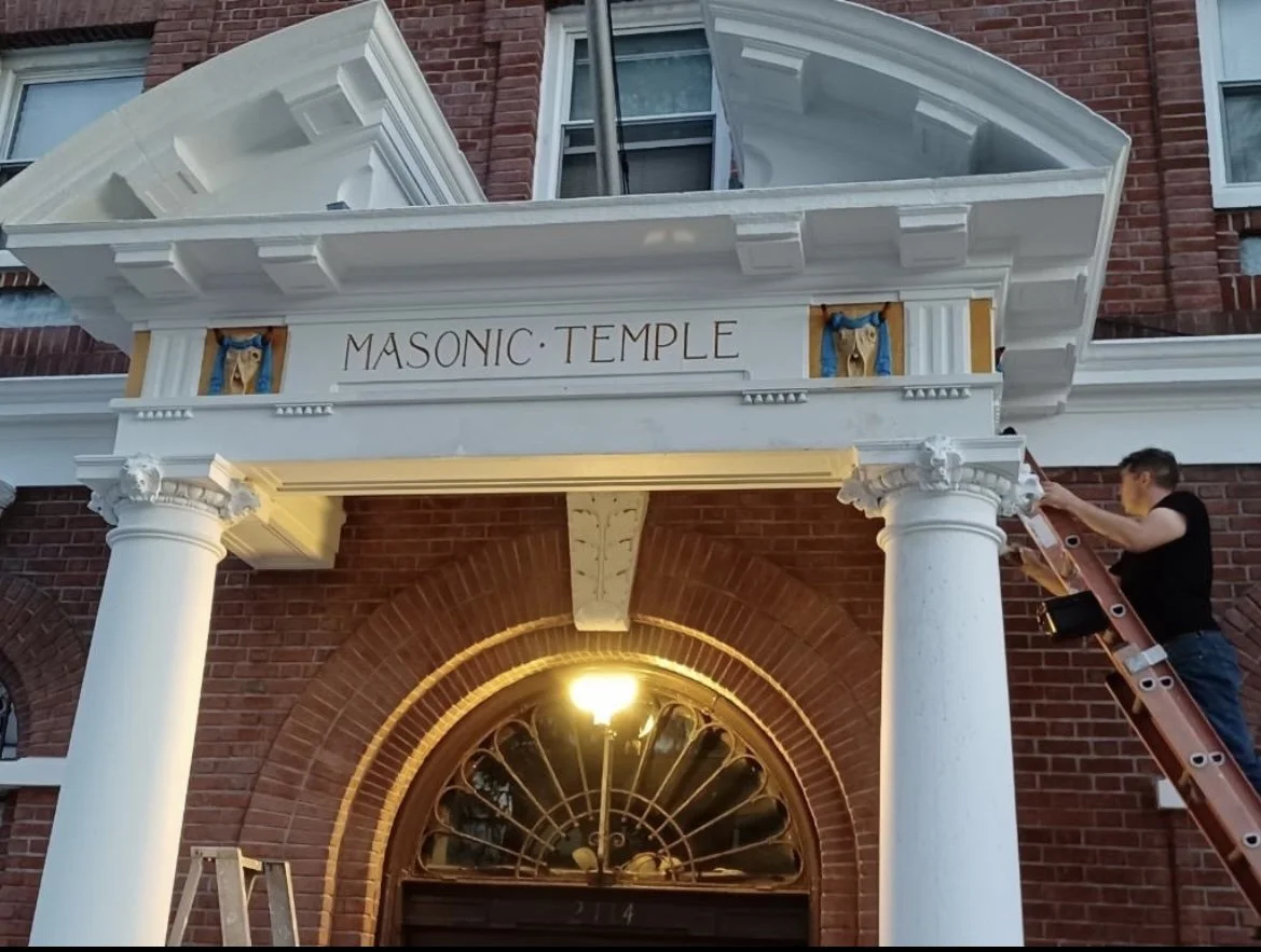 The Advance Masonic Temple in Astoria, Queens, where a classical bucranium still presides above the entrance.