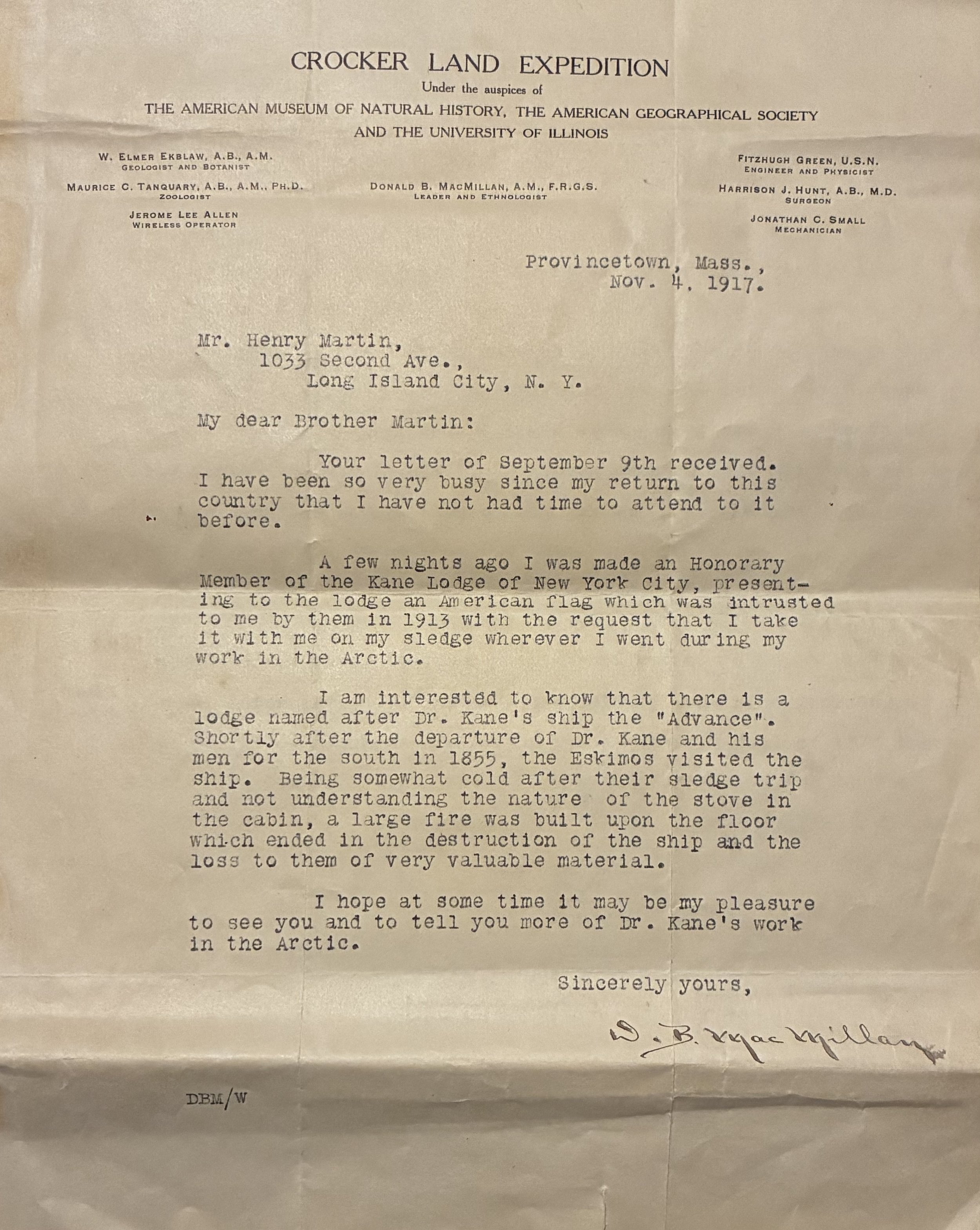 Donald Baxter MacMillan Personal Letter to Brother Henry Martin of Advance Lodge in Astoria New York