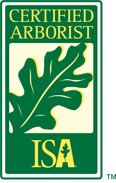 Certified Arborist logo with a green oak leaf and ISA logo.