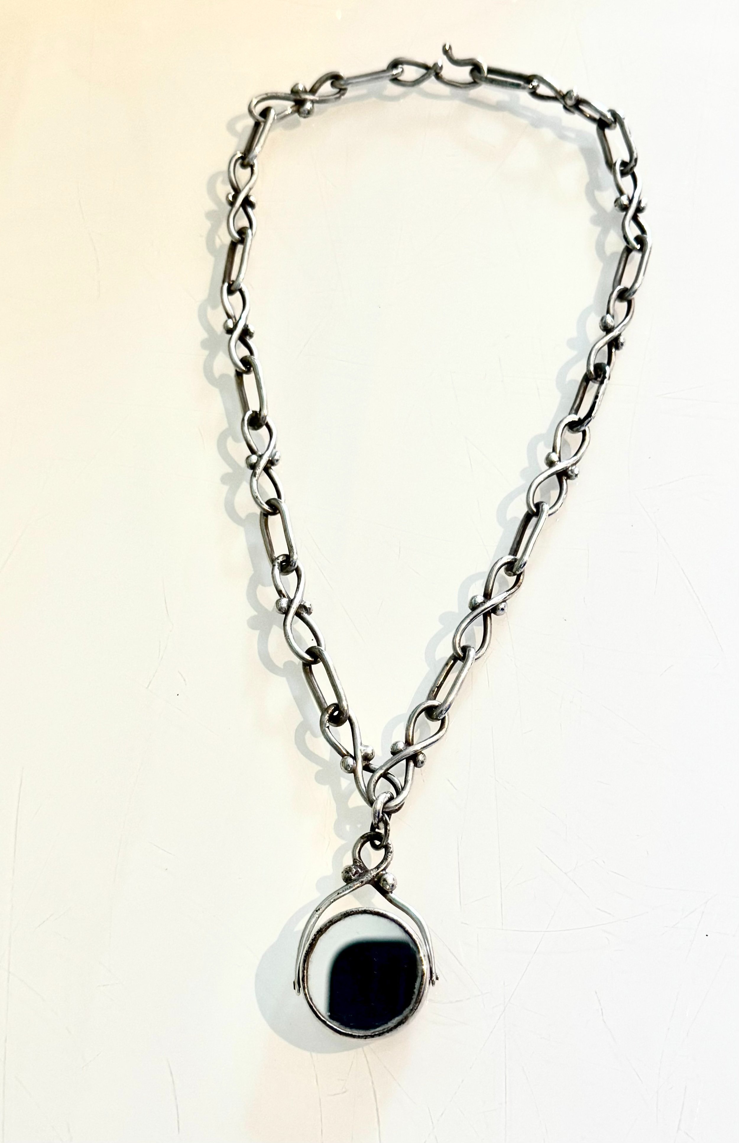 Sterling silver fob chain, copper and mirror fob and a linked chain necklace