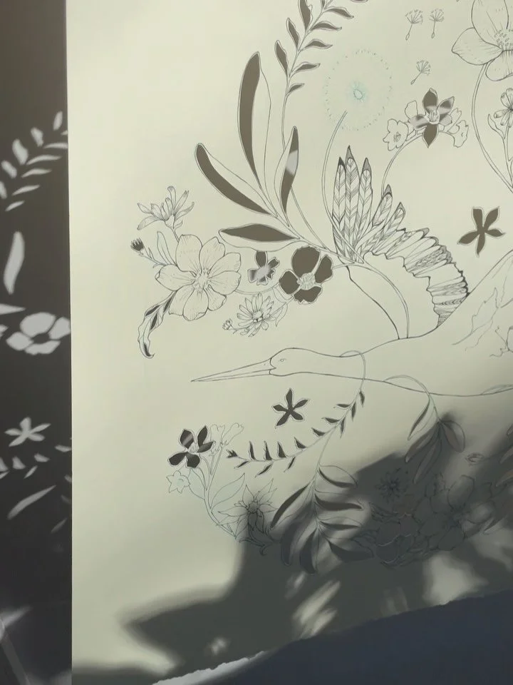 Work in progress&hellip;ink and cut-outs in the sunshine. Next, it&rsquo;s time to add layered hand-painted paper. ✨
Cutting is done with an Olfa art knife and lotsa replacement blades to keep it sharp.