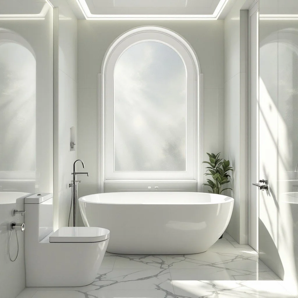 A bright modern bathroom with a white bathtub, toilet, and marble flooring. Large arched window with sunlight, and a tall green plant in the corner.