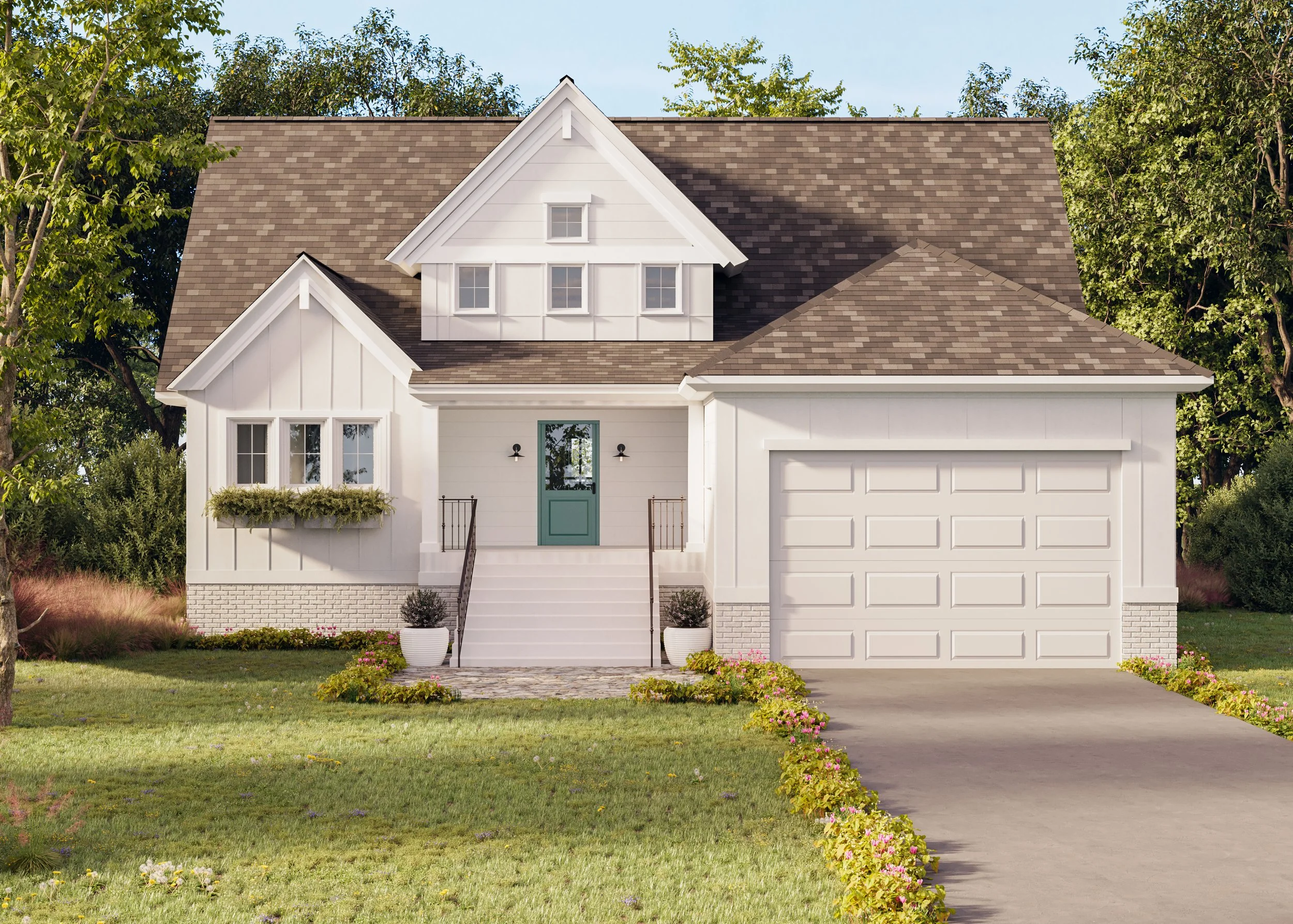 Front view of a modern white house with a brown shingle roof, a two-car garage, and a small front porch with steps, surrounded by a green lawn and trees