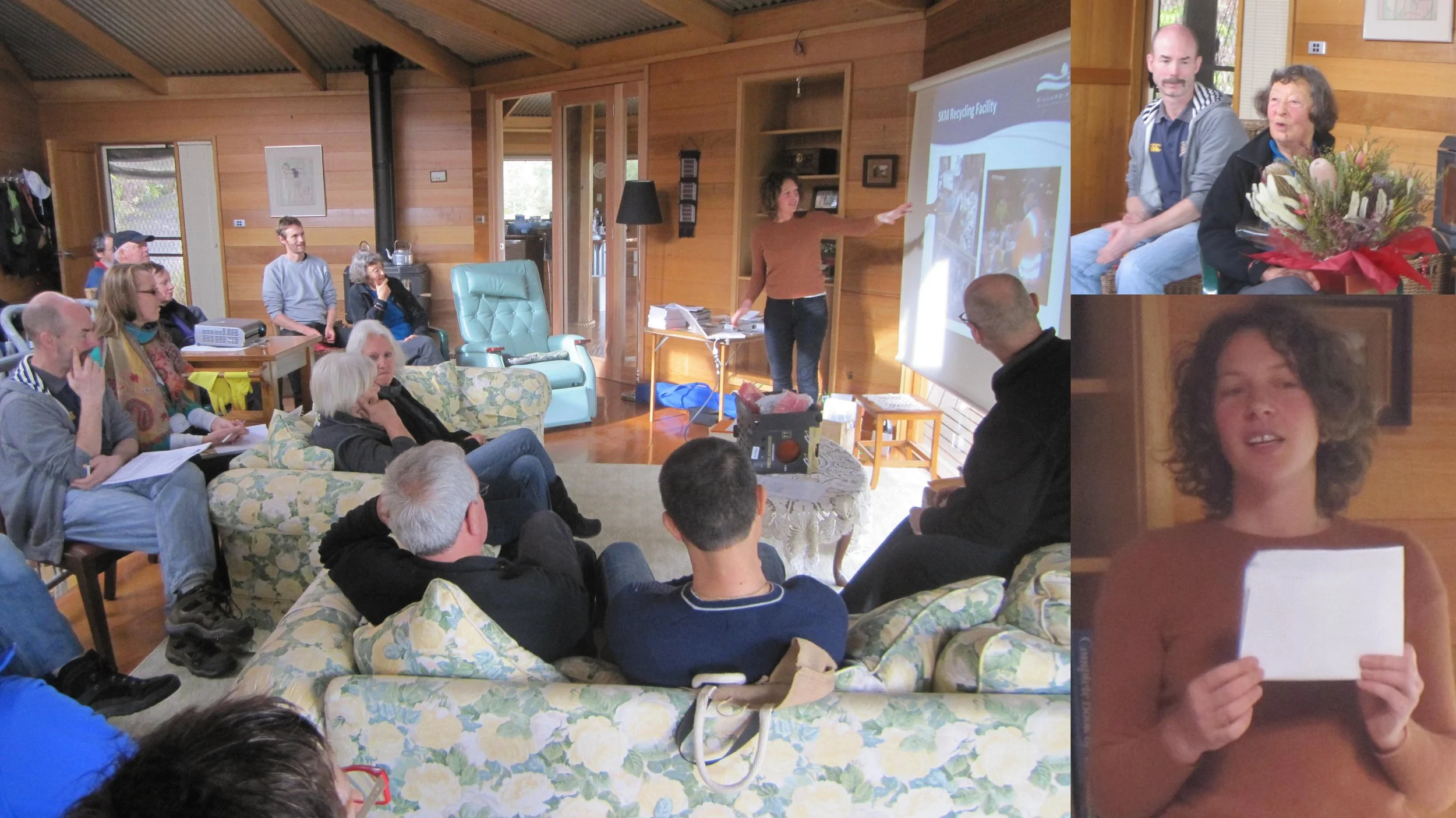A group of people gathered in a cozy wooden room, attentively listening to a woman giving a presentation in front of a projected screen. The room has warm wood-paneled walls and various seating arrangements, including sofas and chairs. Additional photos show a man and a woman sitting with flowers, and a woman holding a piece of paper.
