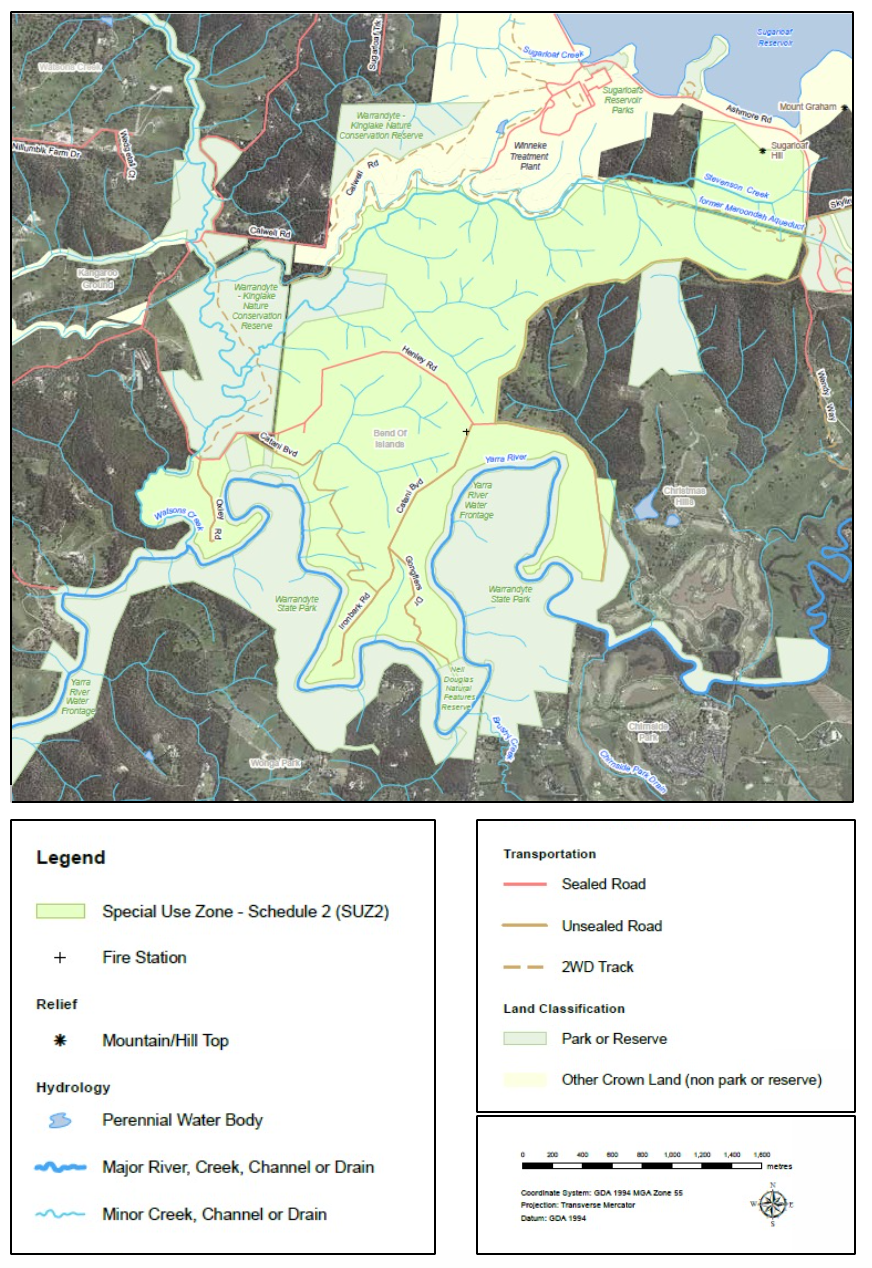 Map of Warrandyte State Park showing waterways, roads, and land classifications including reserve areas, with relief features like mountains and hills, and various hydrological features such as rivers, creeks, and channels.