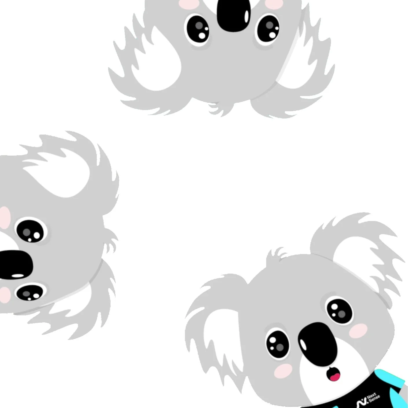 Mackenzie the koala is peeking from the bottom, top and left. The one on the bottom is looking at the viewer, the other two are looking around.