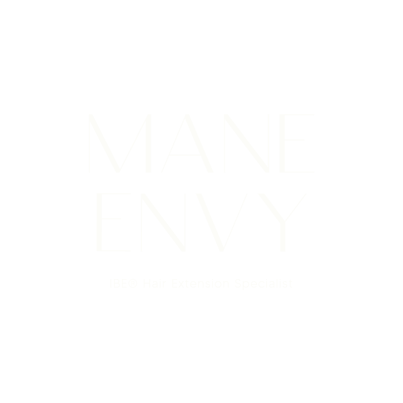 Black promotional poster for Mane Envy hair extension specialist, featuring white text and the brand's logo.