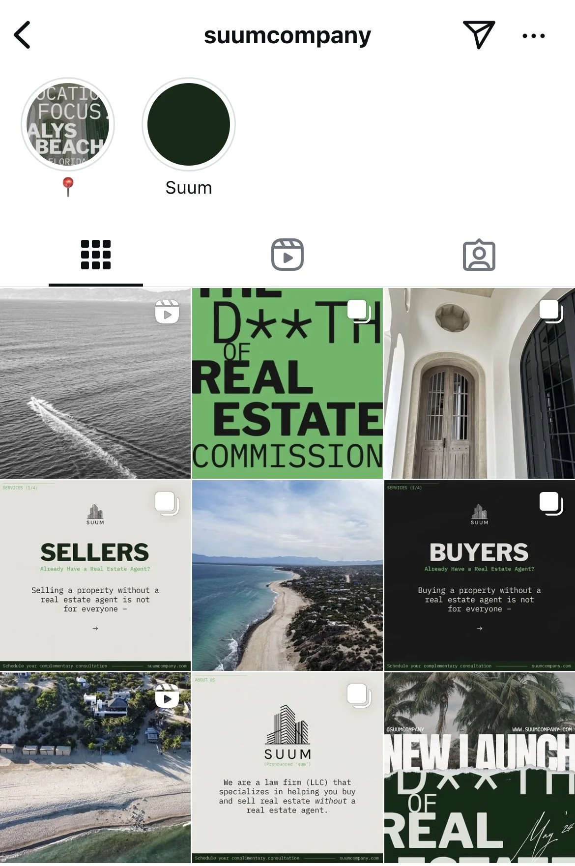Instagram profile page of suumcompany with several real estate-related images and information, including a drone shot of a beach, a green promotional graphic about real estate commission, a building interior, informational posts about sellers and buyers, a beach view, and a real estate law firm description.