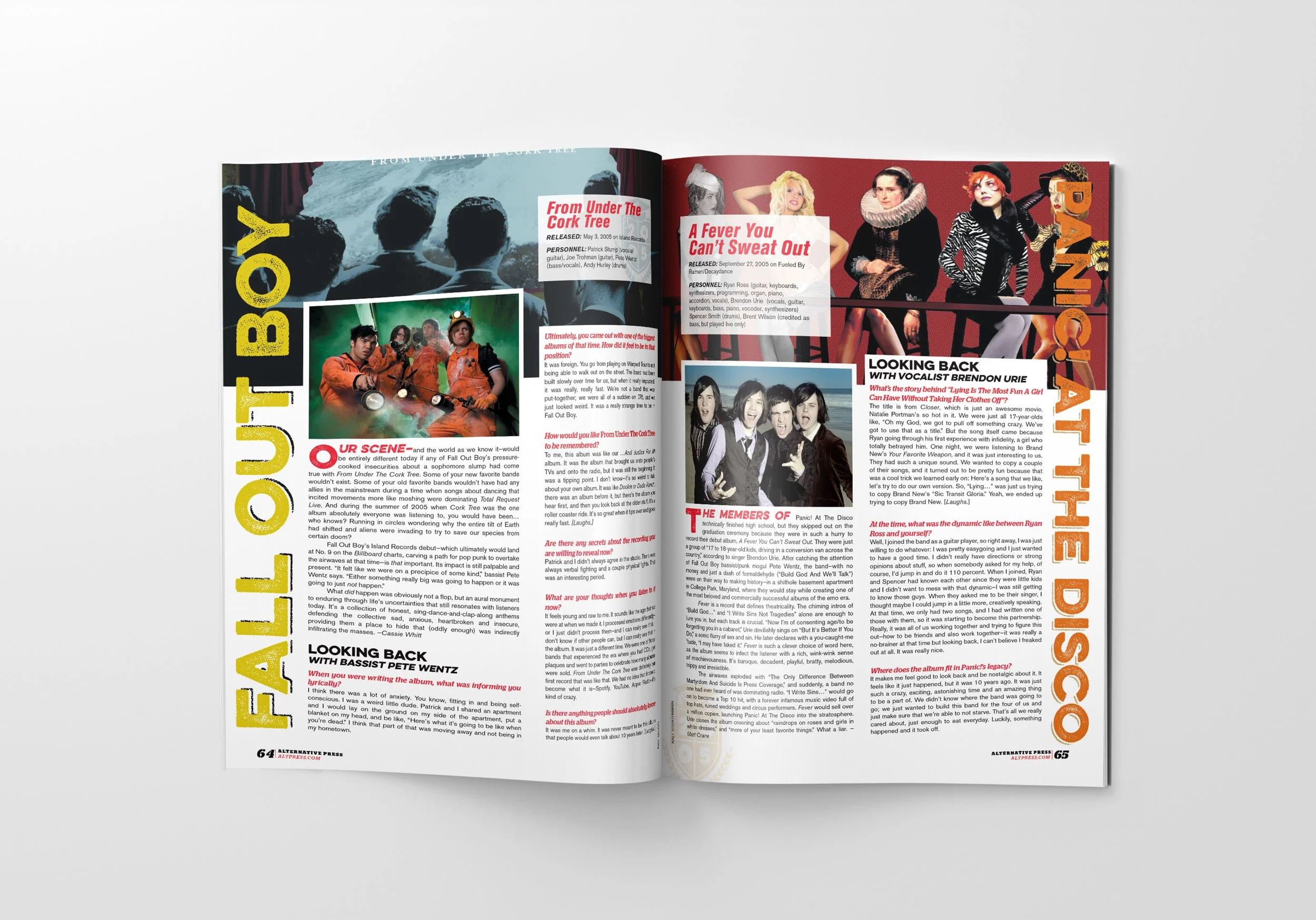 Open magazine with two pages of text and images related to music bands and albums, including photographs of Fall Out Boy and Panic! At the Disco members and headlines.