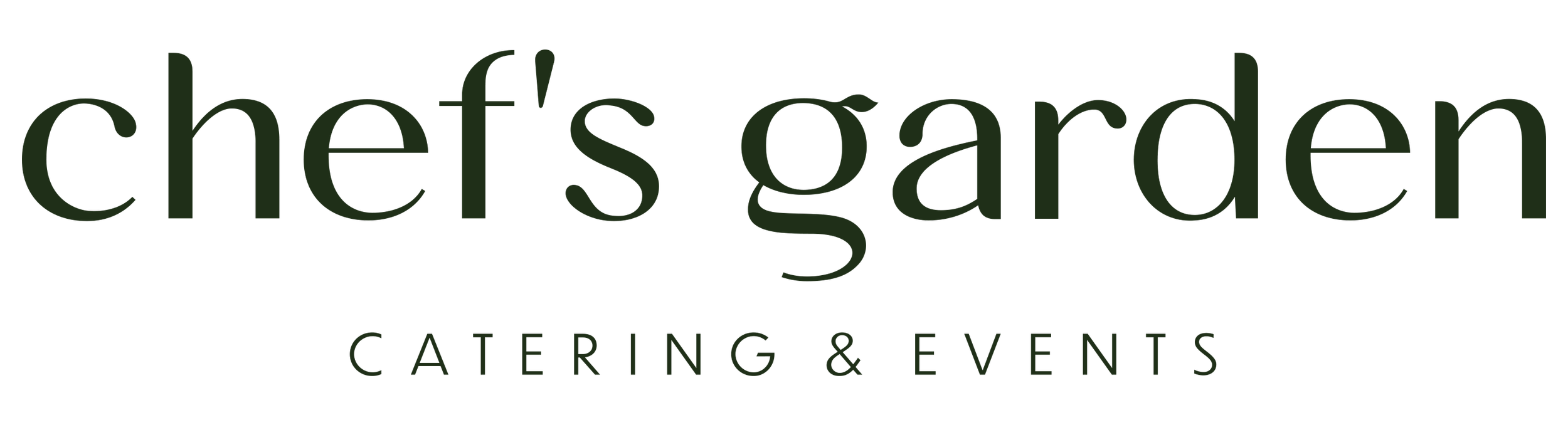 Logo for chef's garden catering and events, with stylized dark green text on a white background.