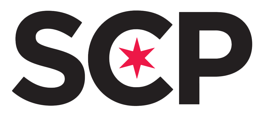 Logo with large black letters S, C, P and a pink star in the center of the 'C'