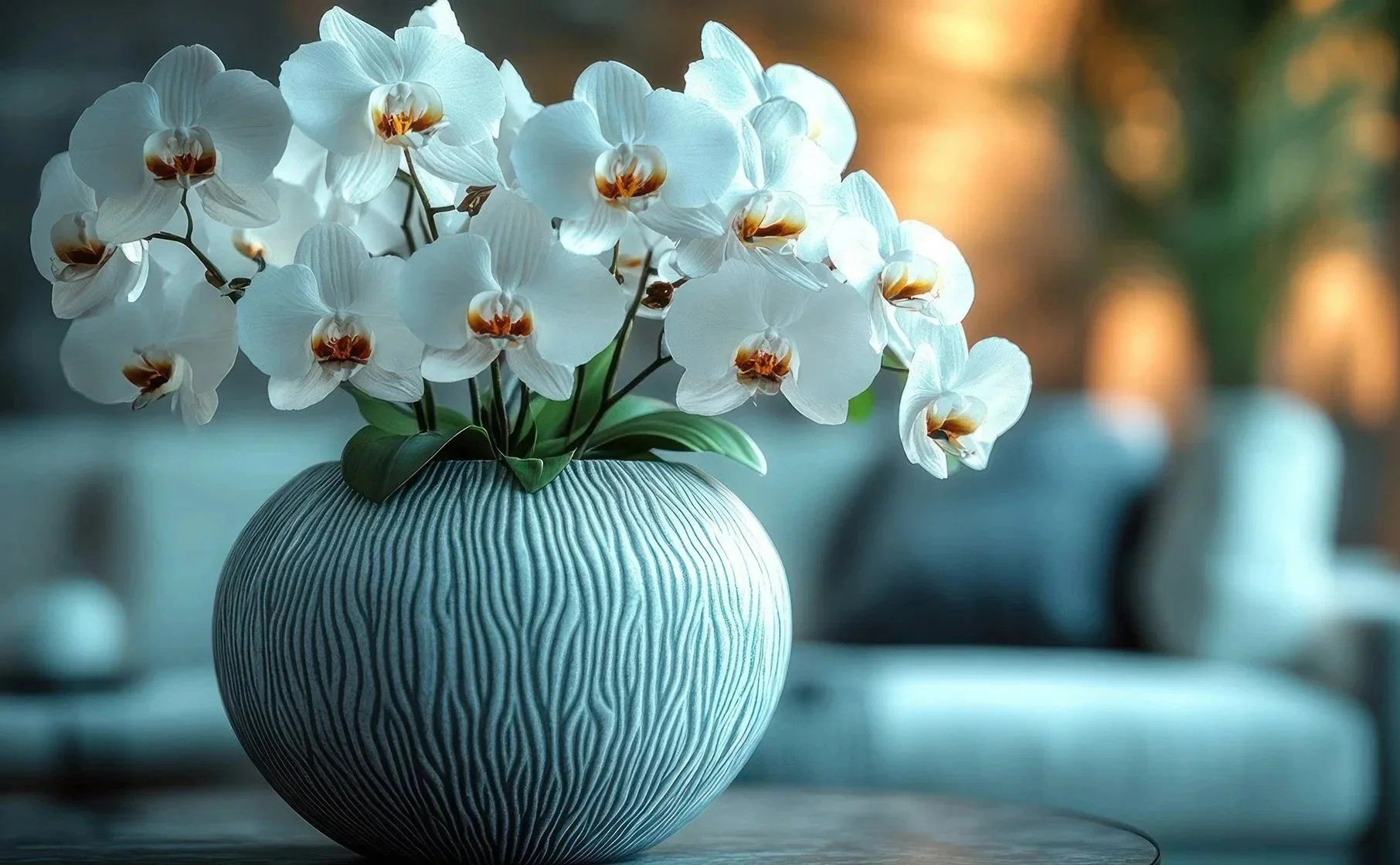 White orchid flowers in a blue vase, symbolizing calm, care, and emotional balance.