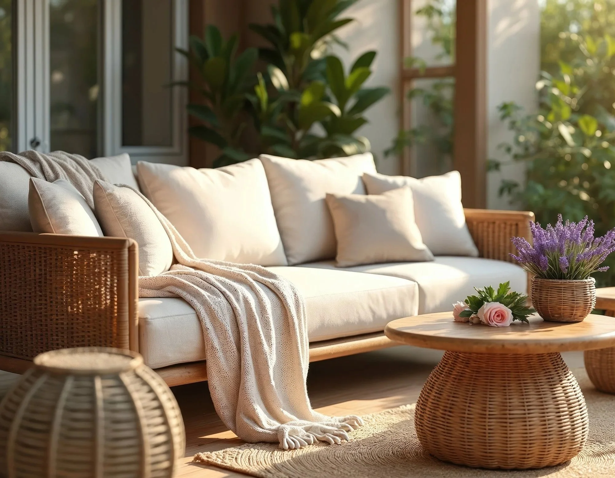 Sunlit living room with soft furnishings, plants, and flowers, creating a warm and grounding therapeutic atmosphere.