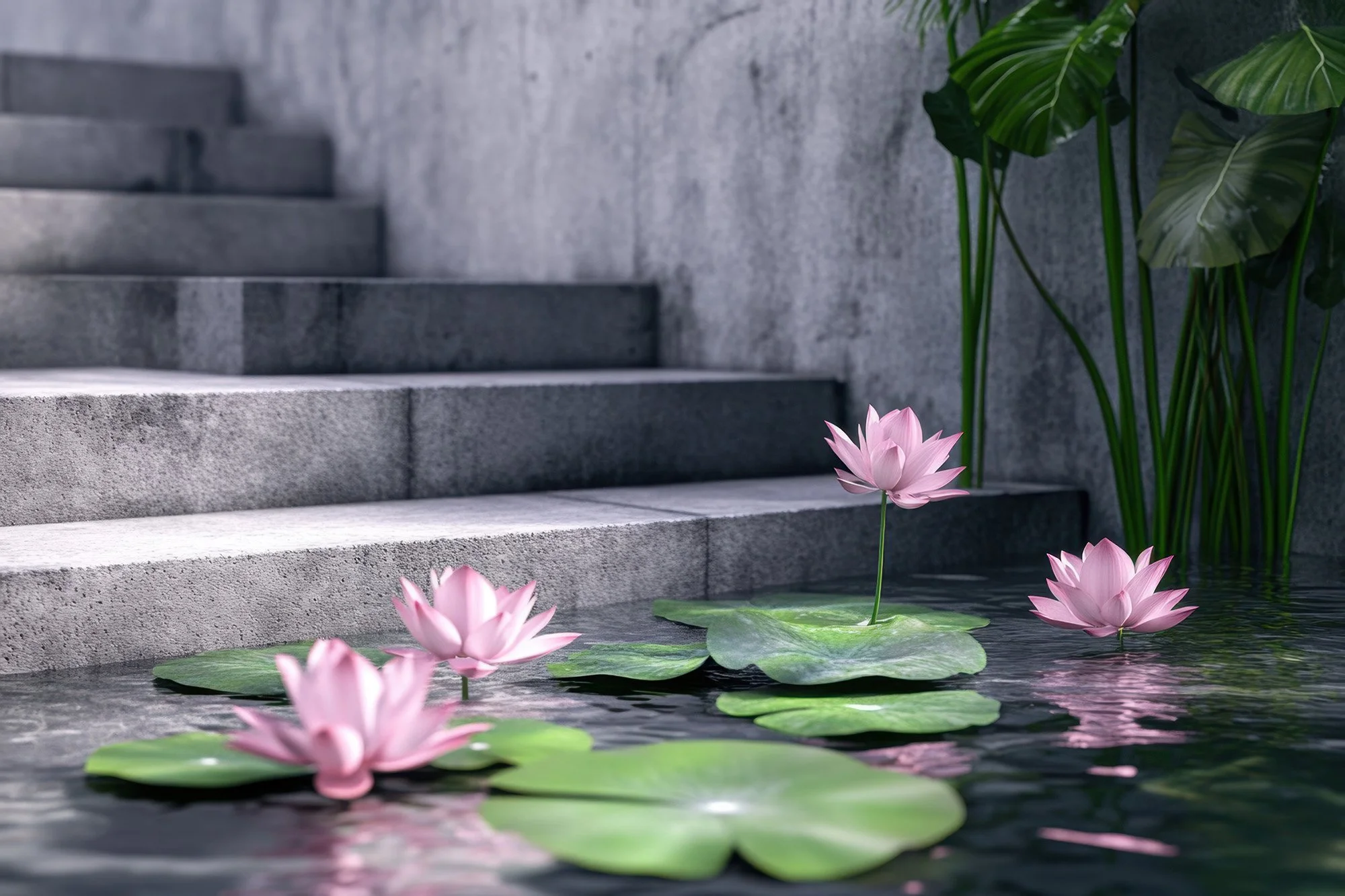 Water lilies floating on calm water near stone steps, reflecting stillness, transition, and emotional clarity.
