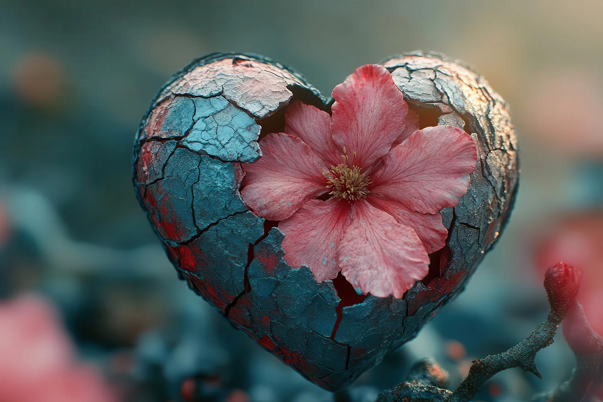 Heart-shaped object with visible cracks and a flower at the center, representing healing, resilience, and emotional repair.