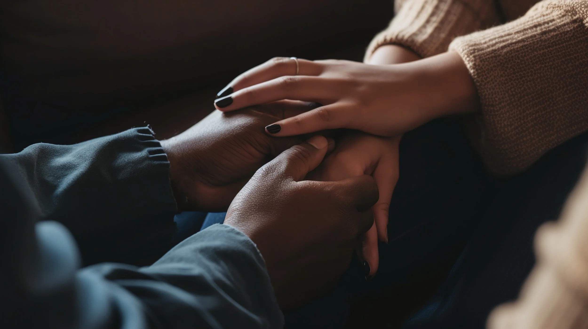 Two people gently holding hands, symbolizing connection, trust, and supportive relationships.