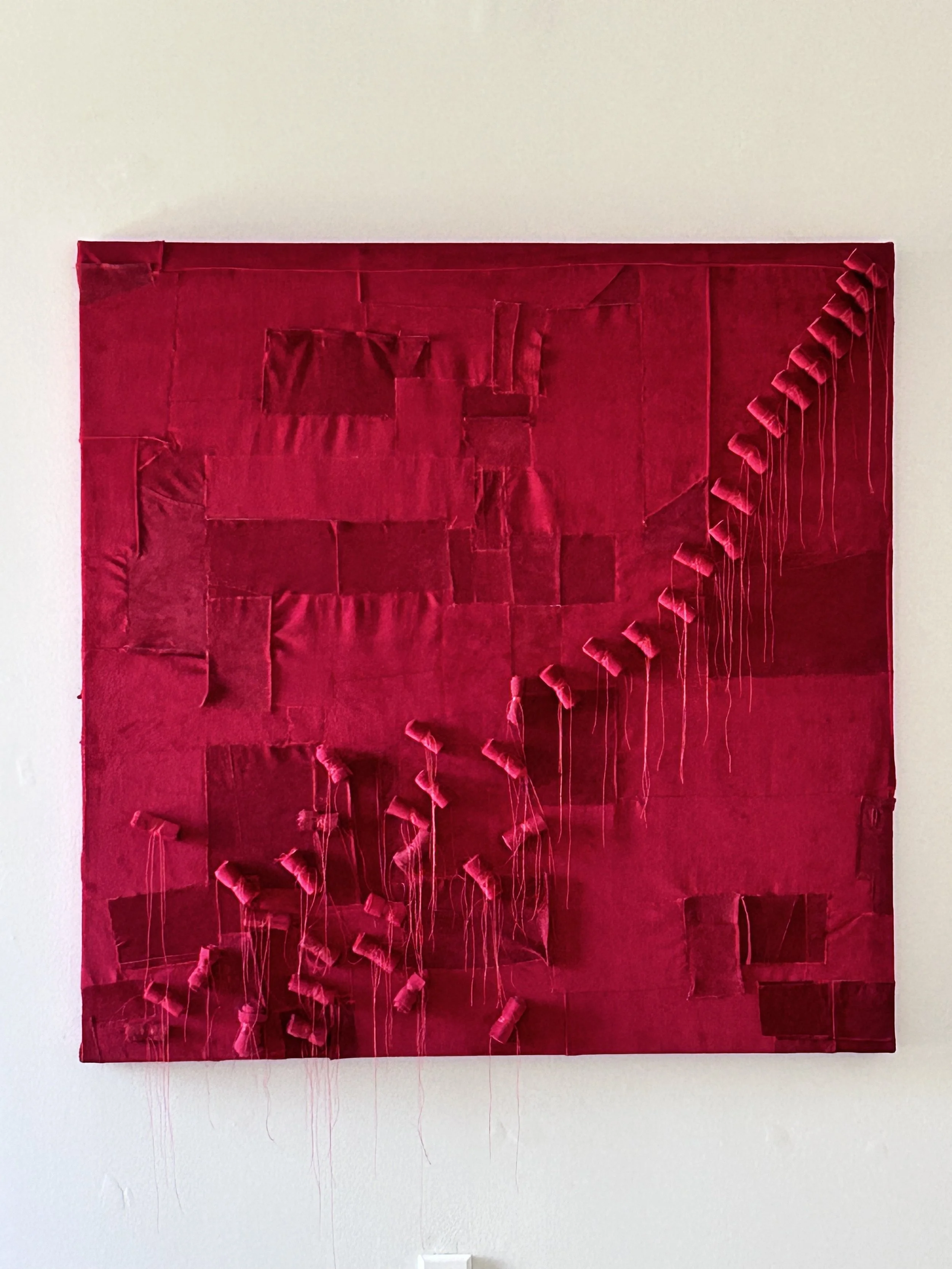 Bert Parks sings, 'There she is, Miss America'
Velvet, suede,  cotton thread.
42 in x 42 in x 3 in; 2024. 